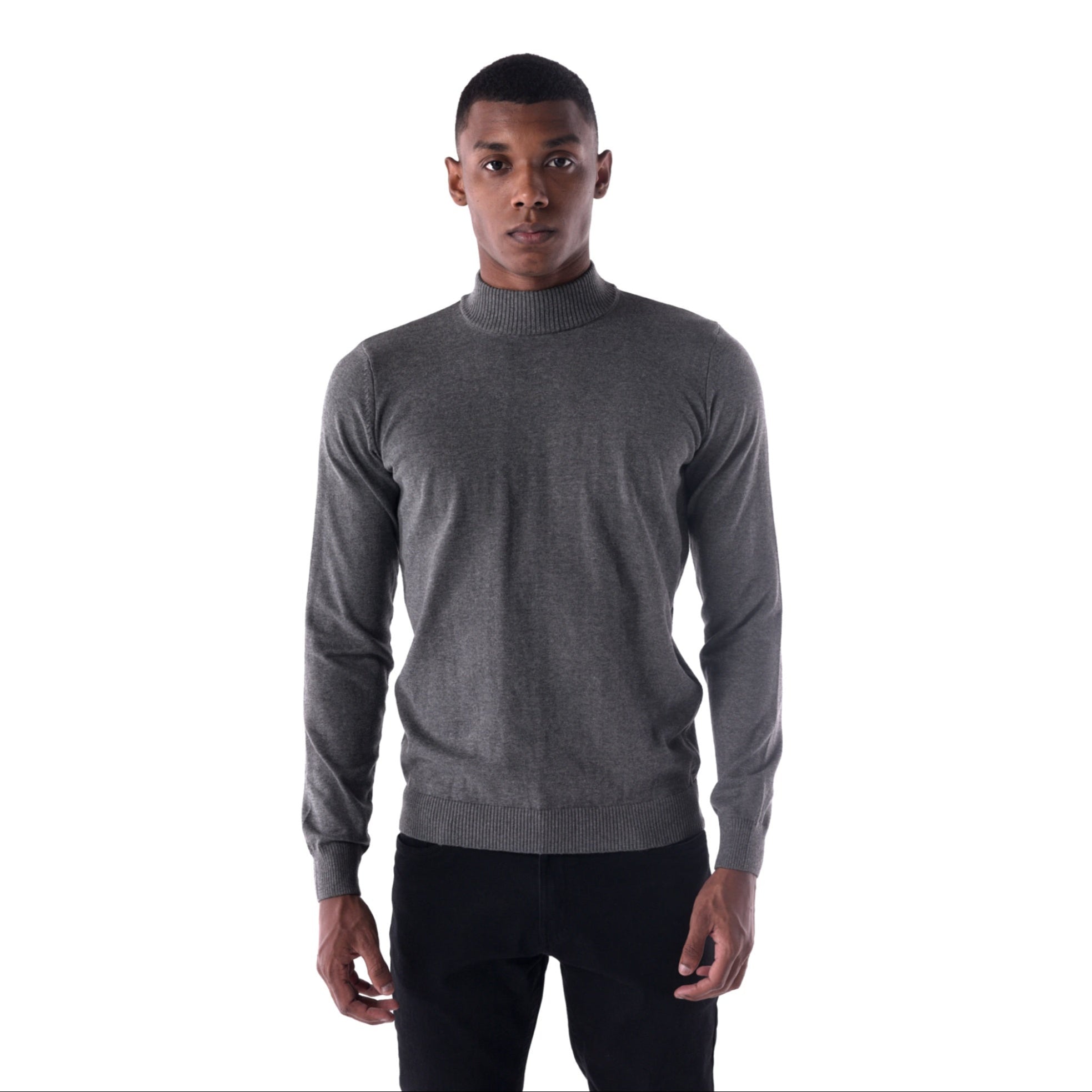 Man wearing a gray sweater on a white background