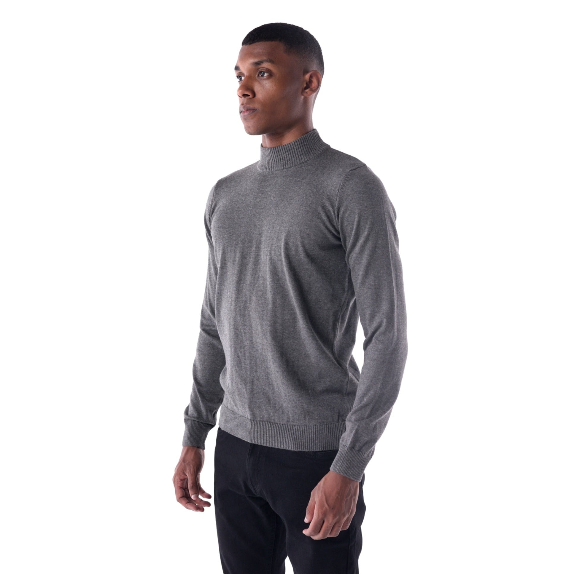 Man wearing a gray sweater on a white background