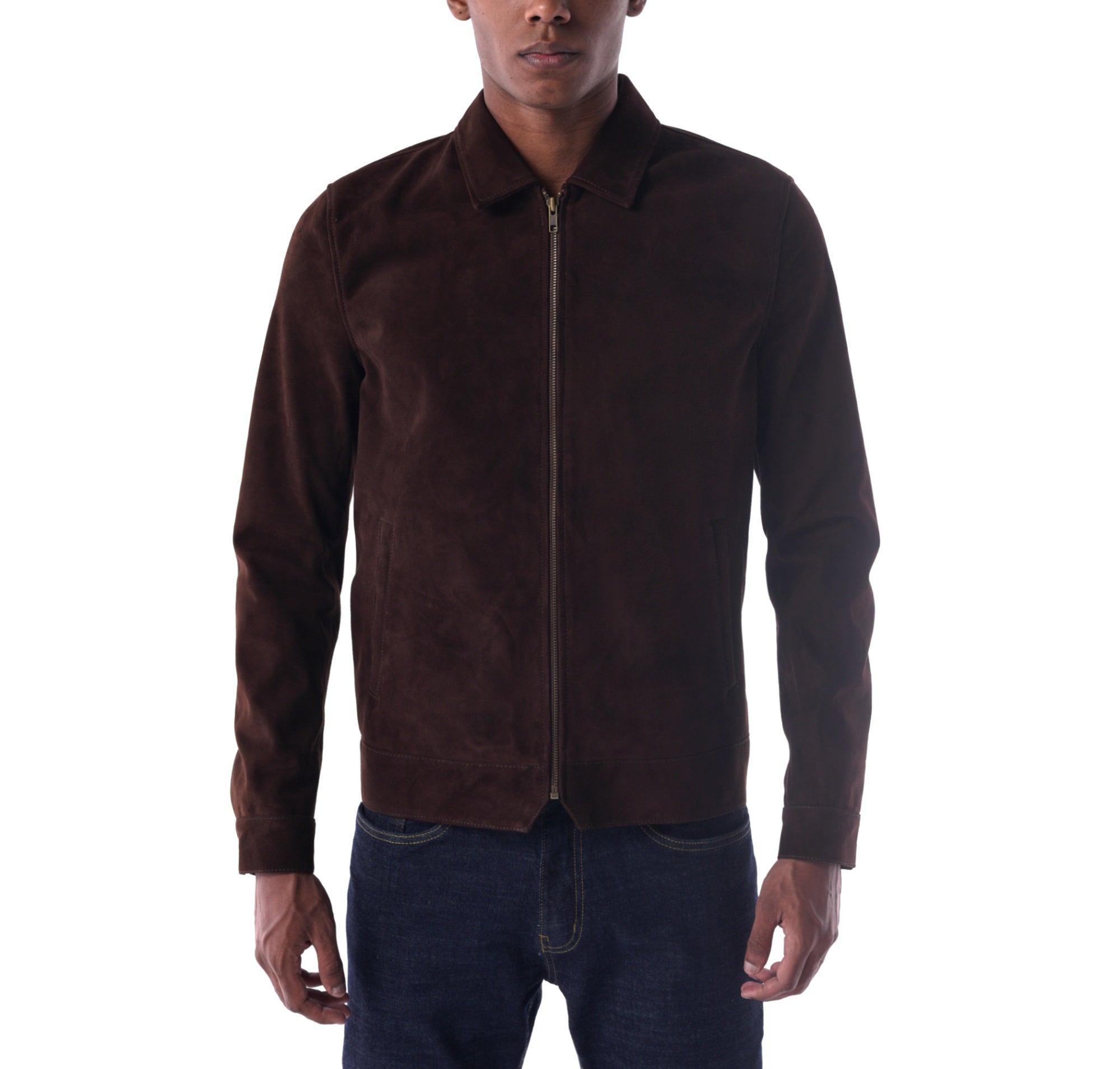 Man wearing a brown jacket on a white background