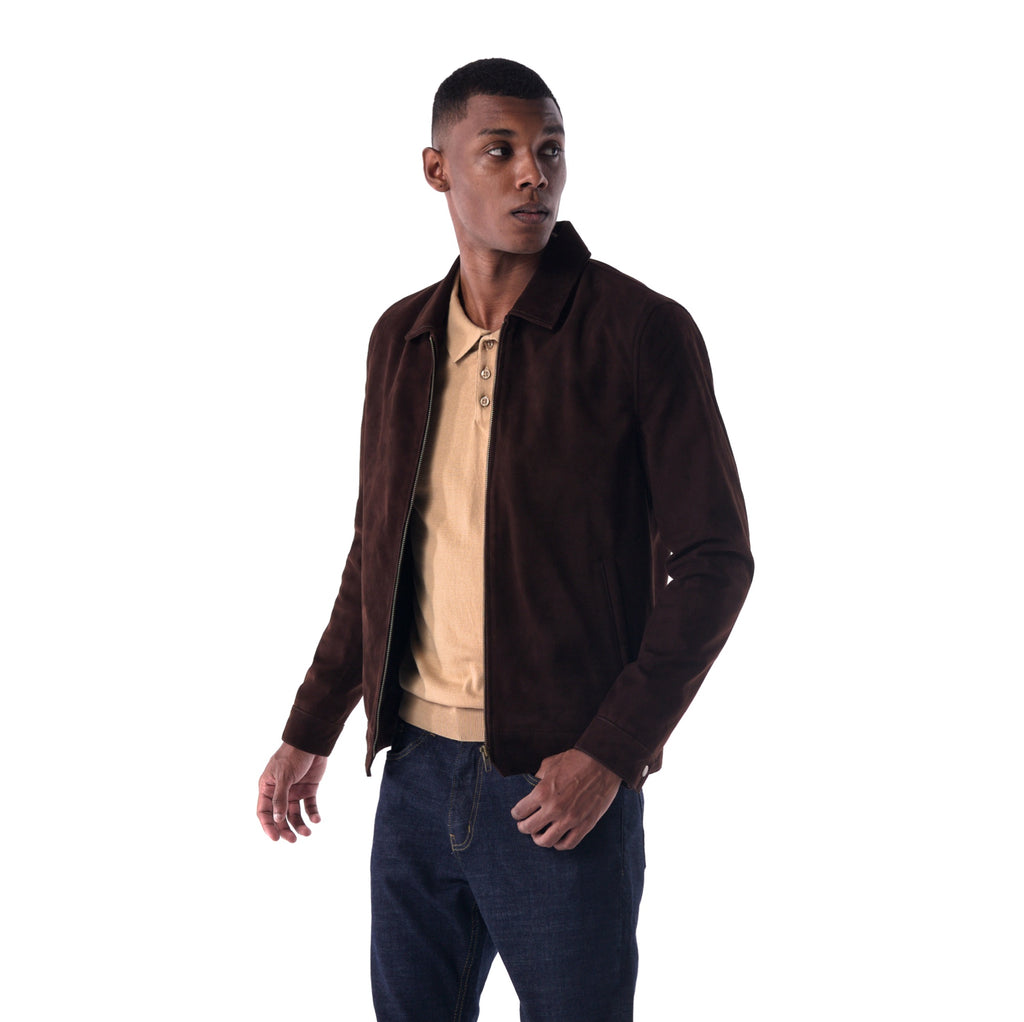 سترة بياقة بسيطة - إصدار جلد سويدي