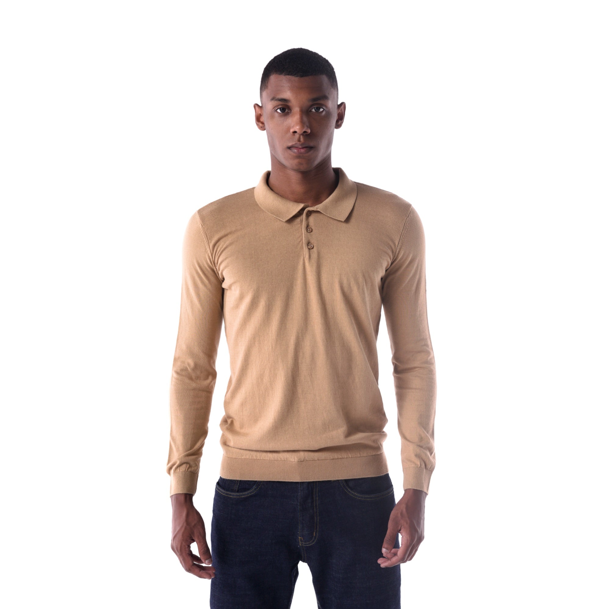 SOLID Knitted Long-Sleeve Polo - beige - main