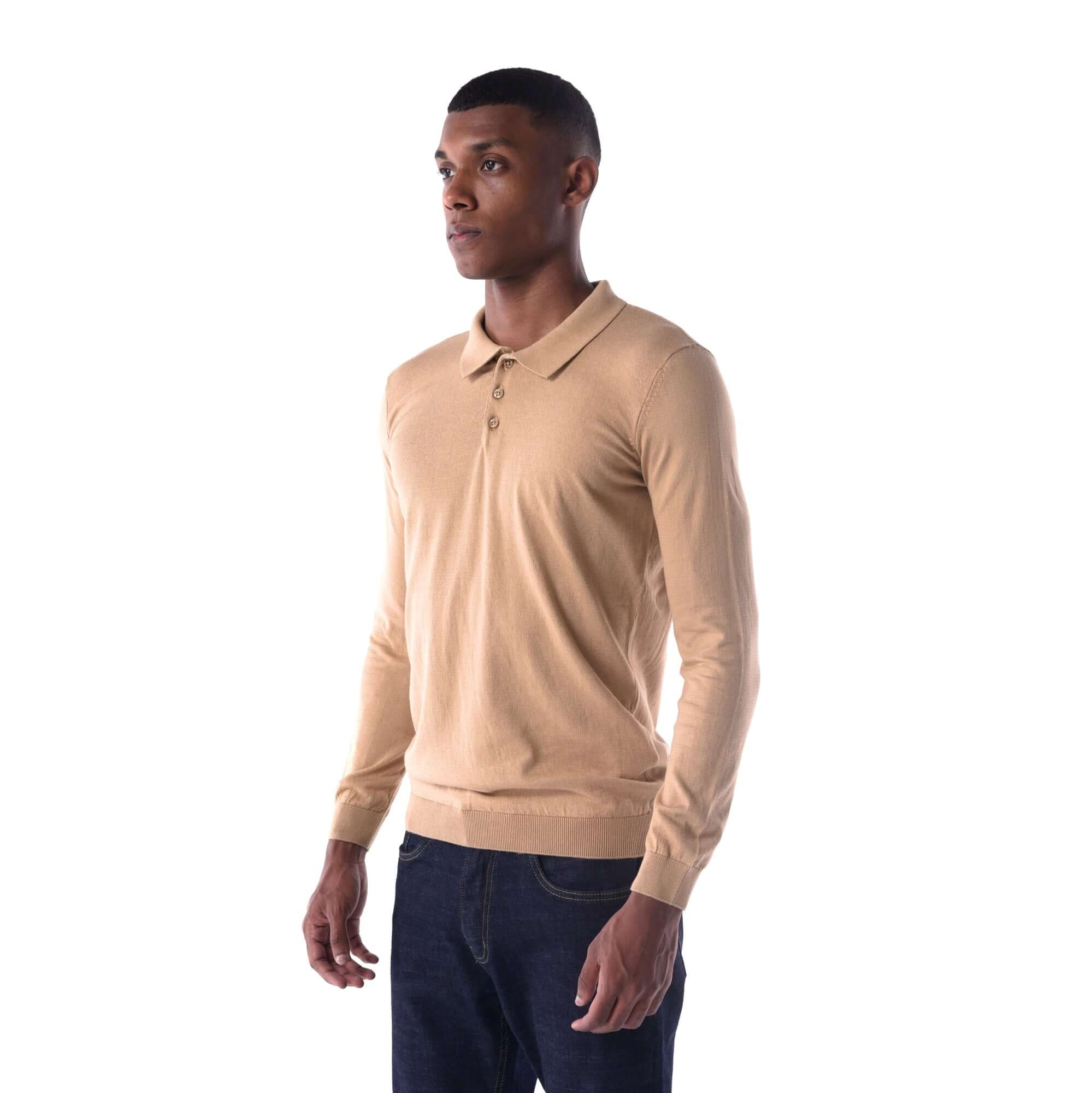 SOLID Knitted Long-Sleeve Polo - beige - 3/4