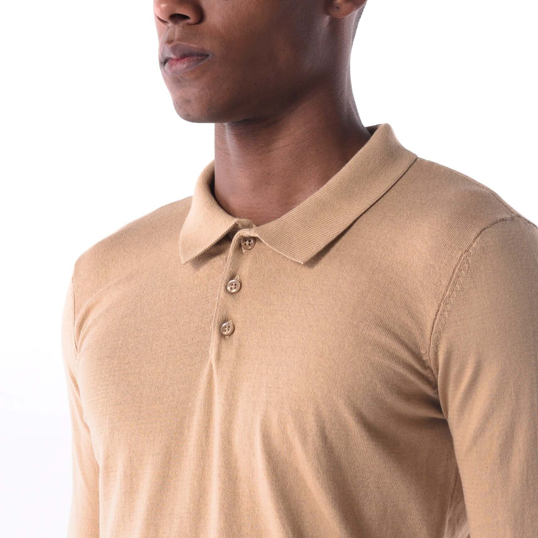 SOLID Knitted Long-Sleeve Polo - beige - close up 1