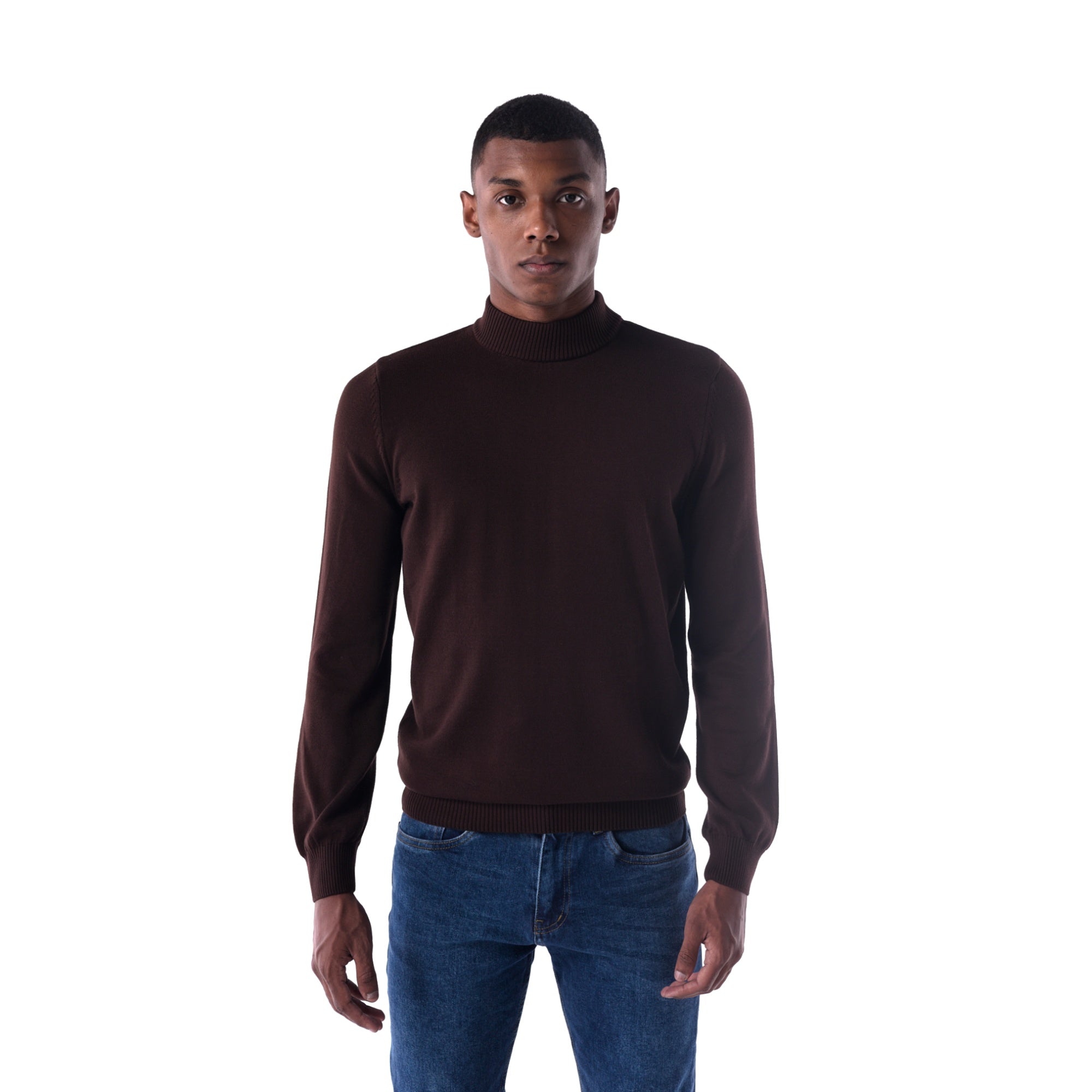 SOLID Knitted Mock Neck Sweater -  brown - main