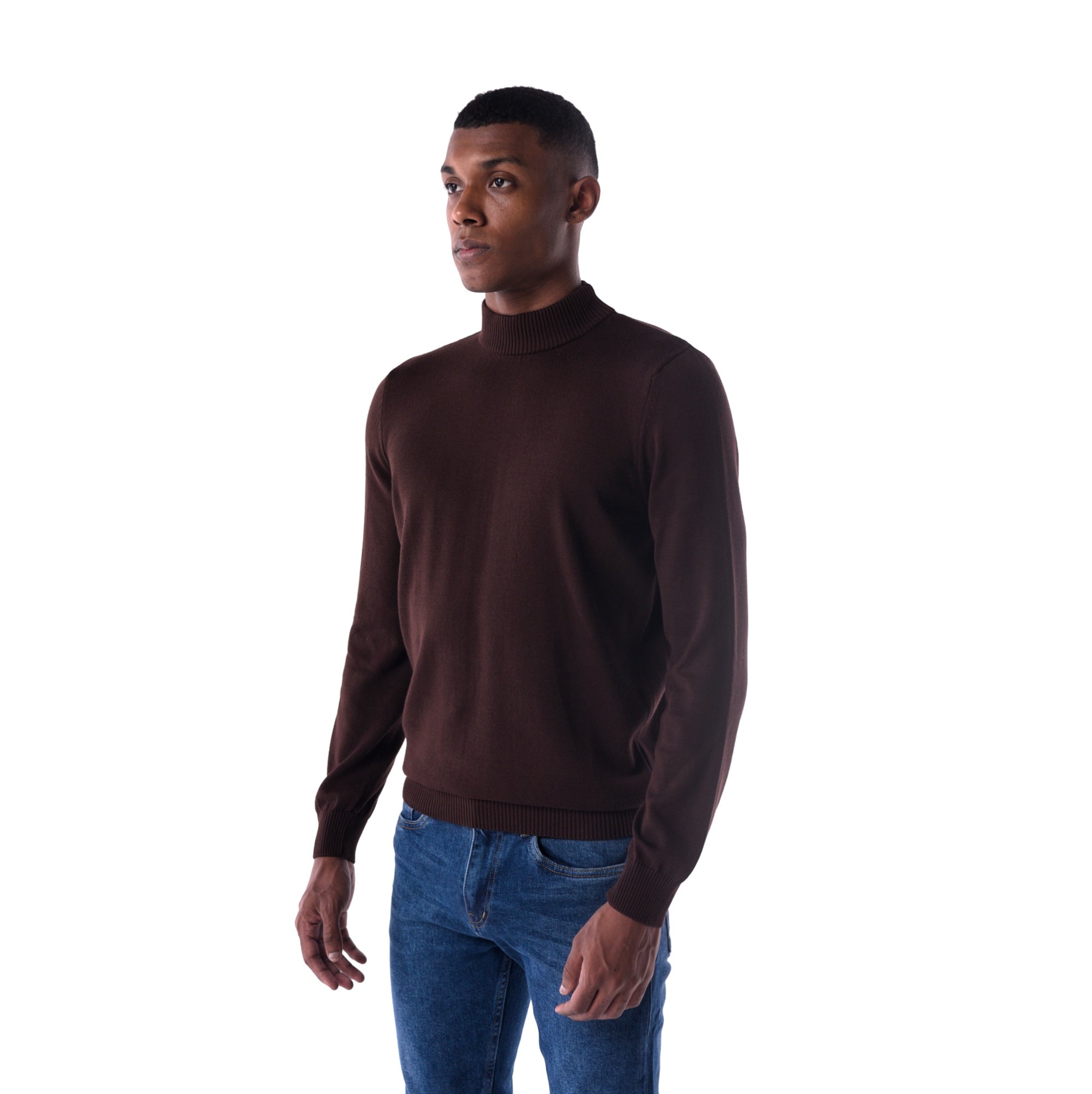 SOLID Knitted Mock Neck Sweater - brown -3/4