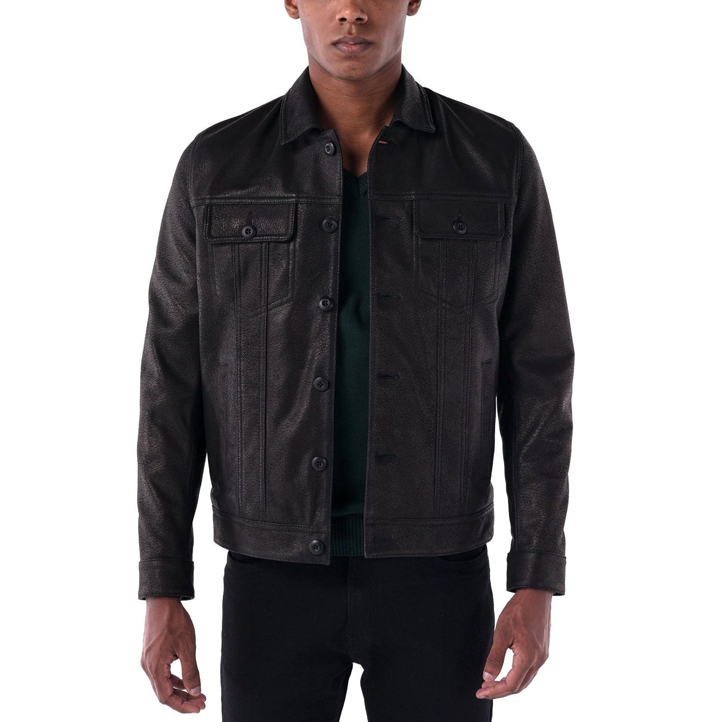 Man wearing a black jacket on a white background