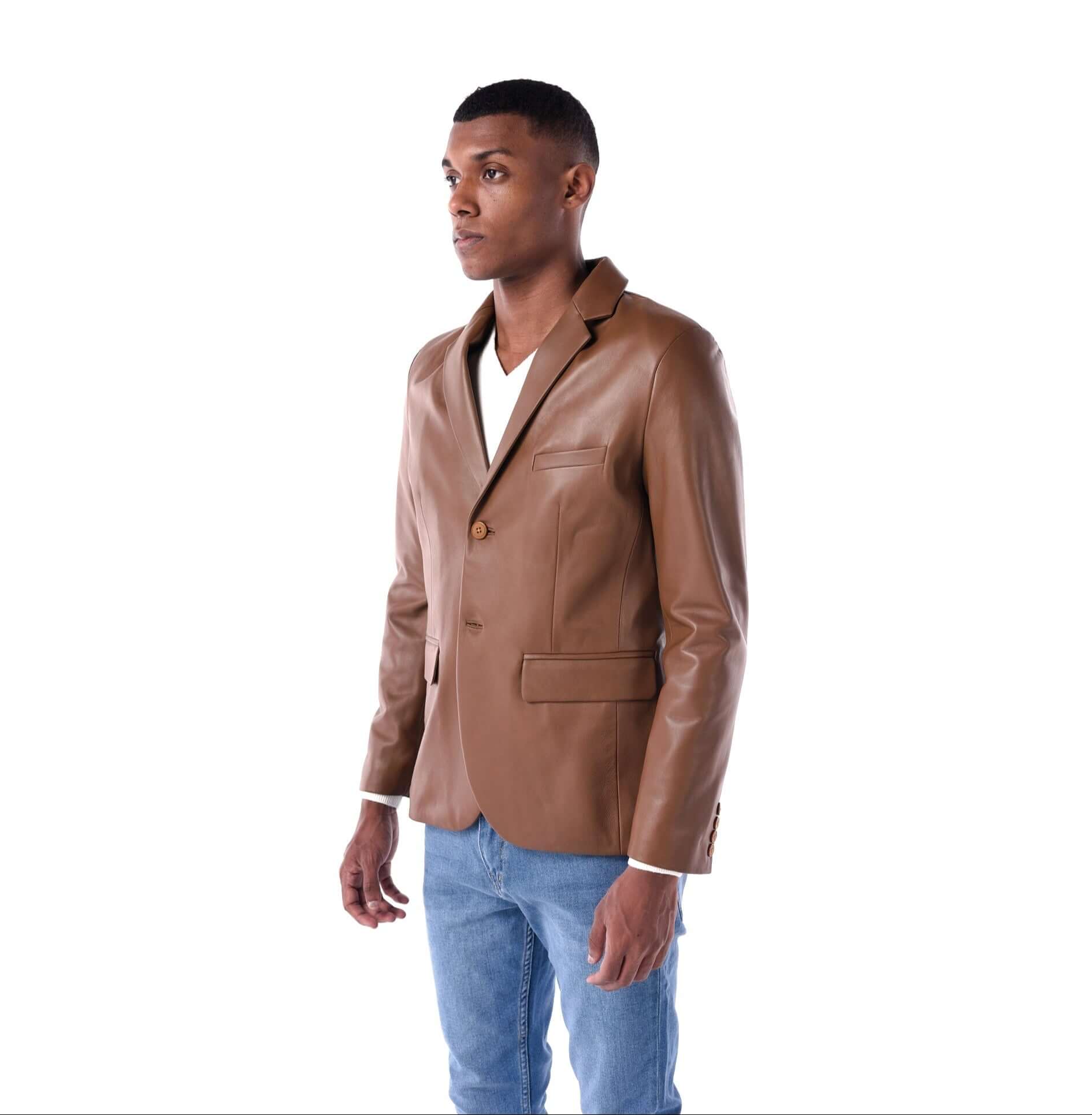 The Slim Leather Blazer - Lambskin Edition - Brown - 3/4