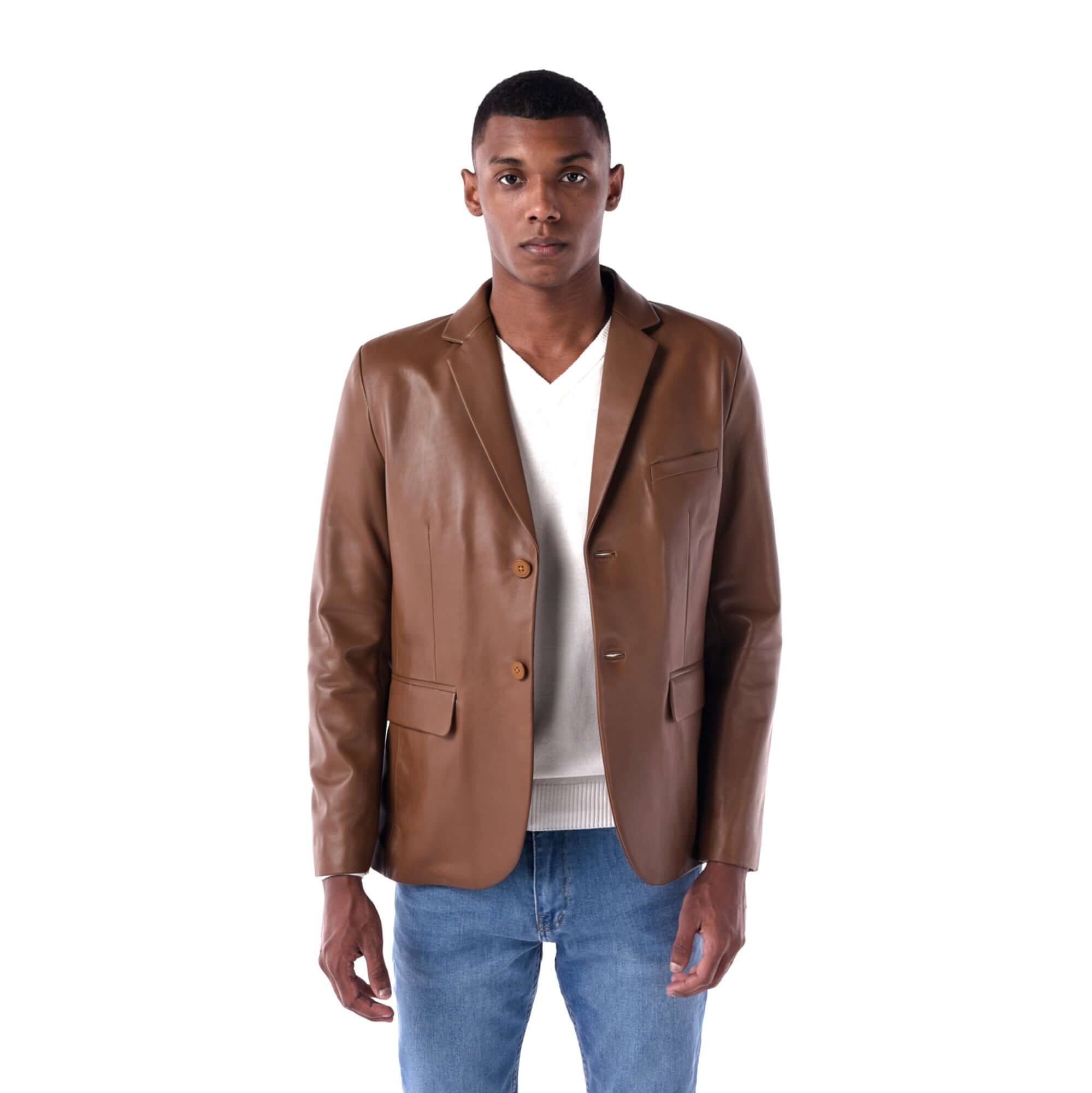 The Slim Leather Blazer - Lambskin Edition - Brown - Open