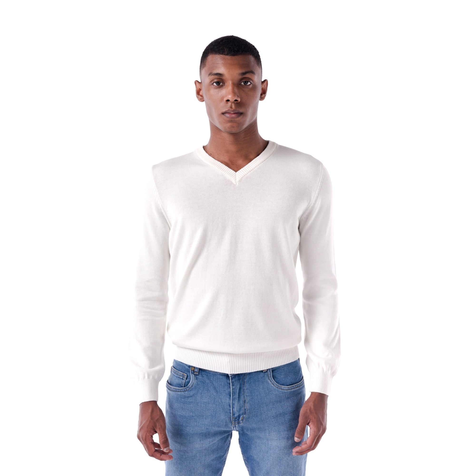 SOLID Knitted V-Neck Sweater - White - Main