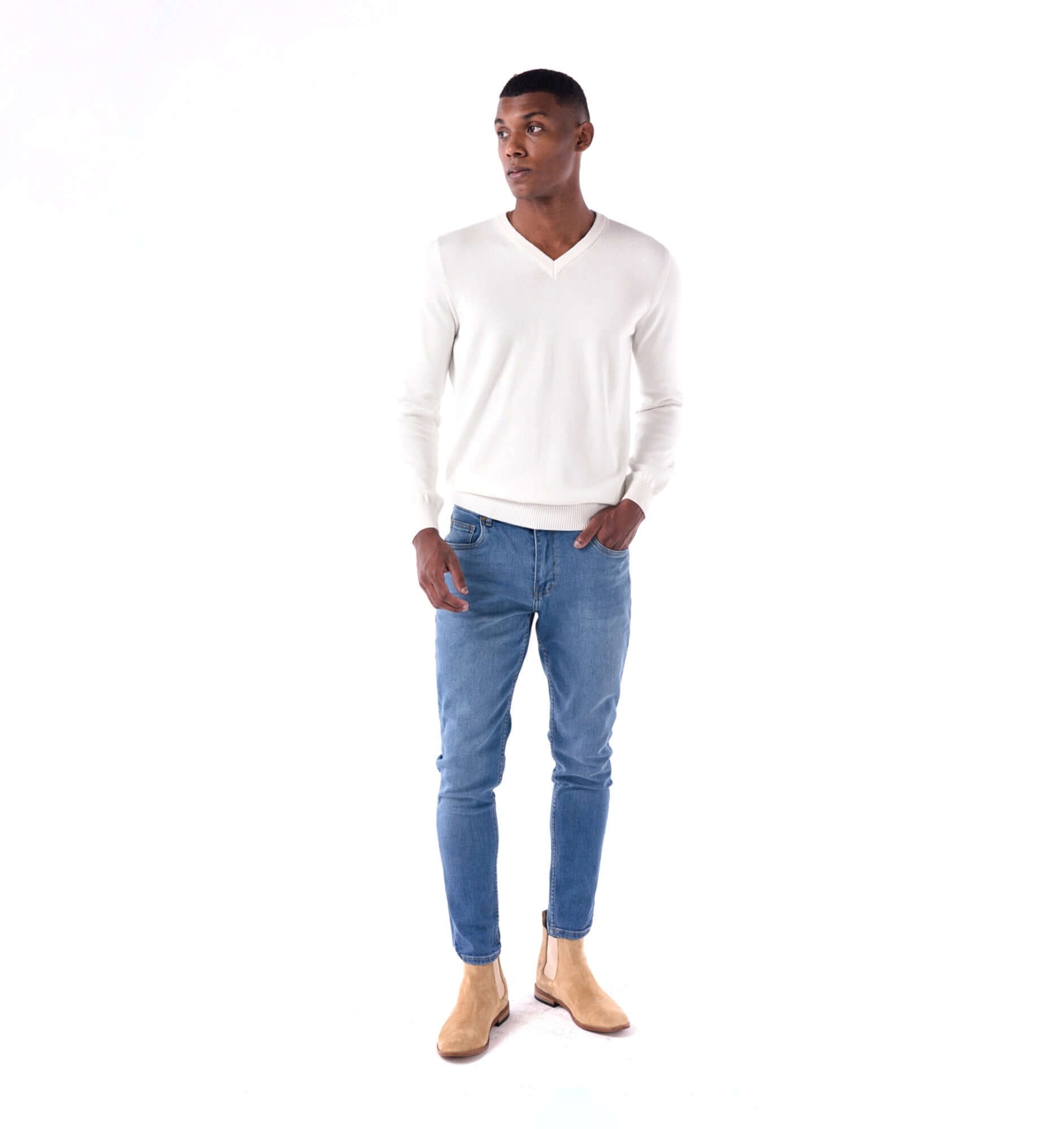 SOLID Knitted V-Neck Sweater - White - look
