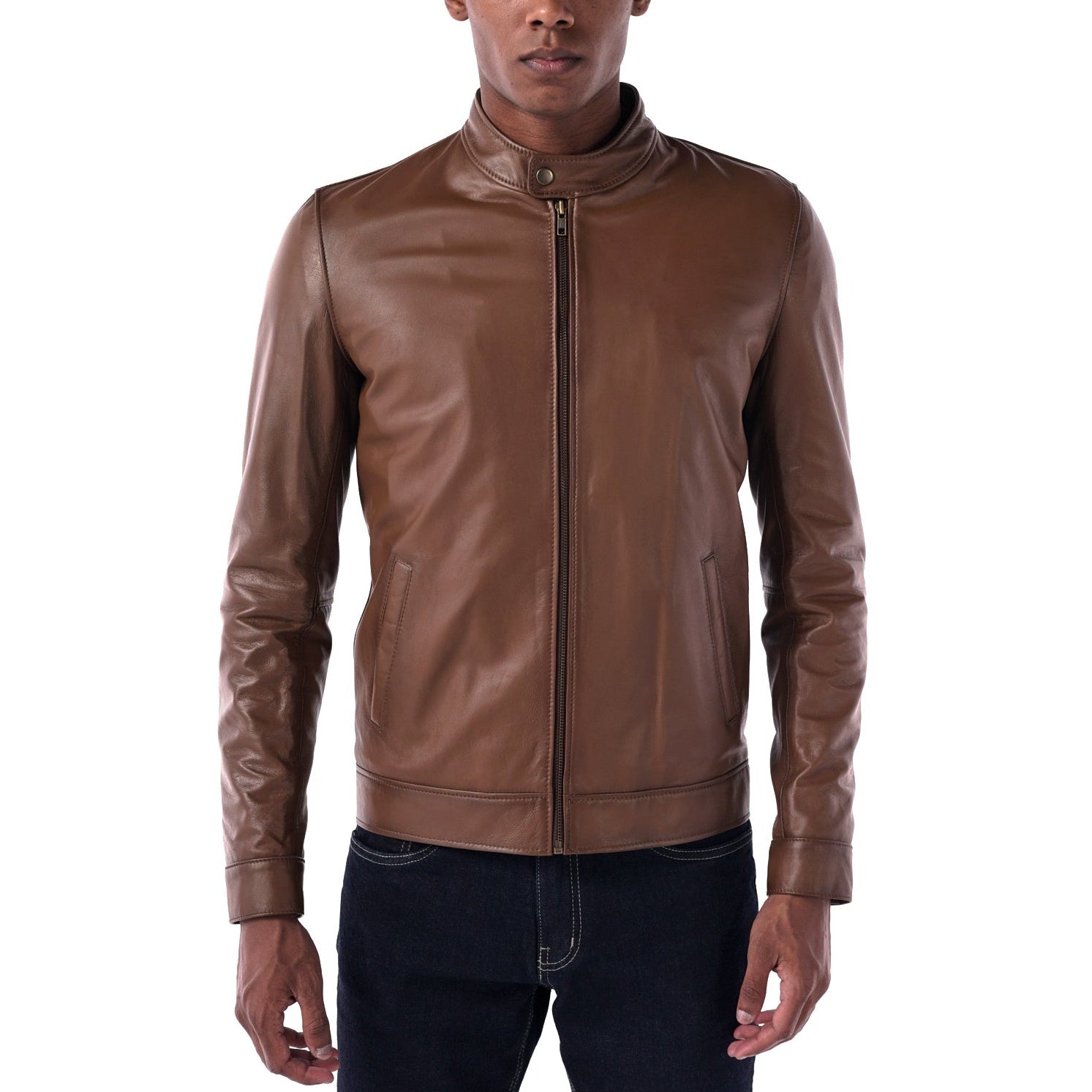 Man wearing a brown leather jacket on a white background