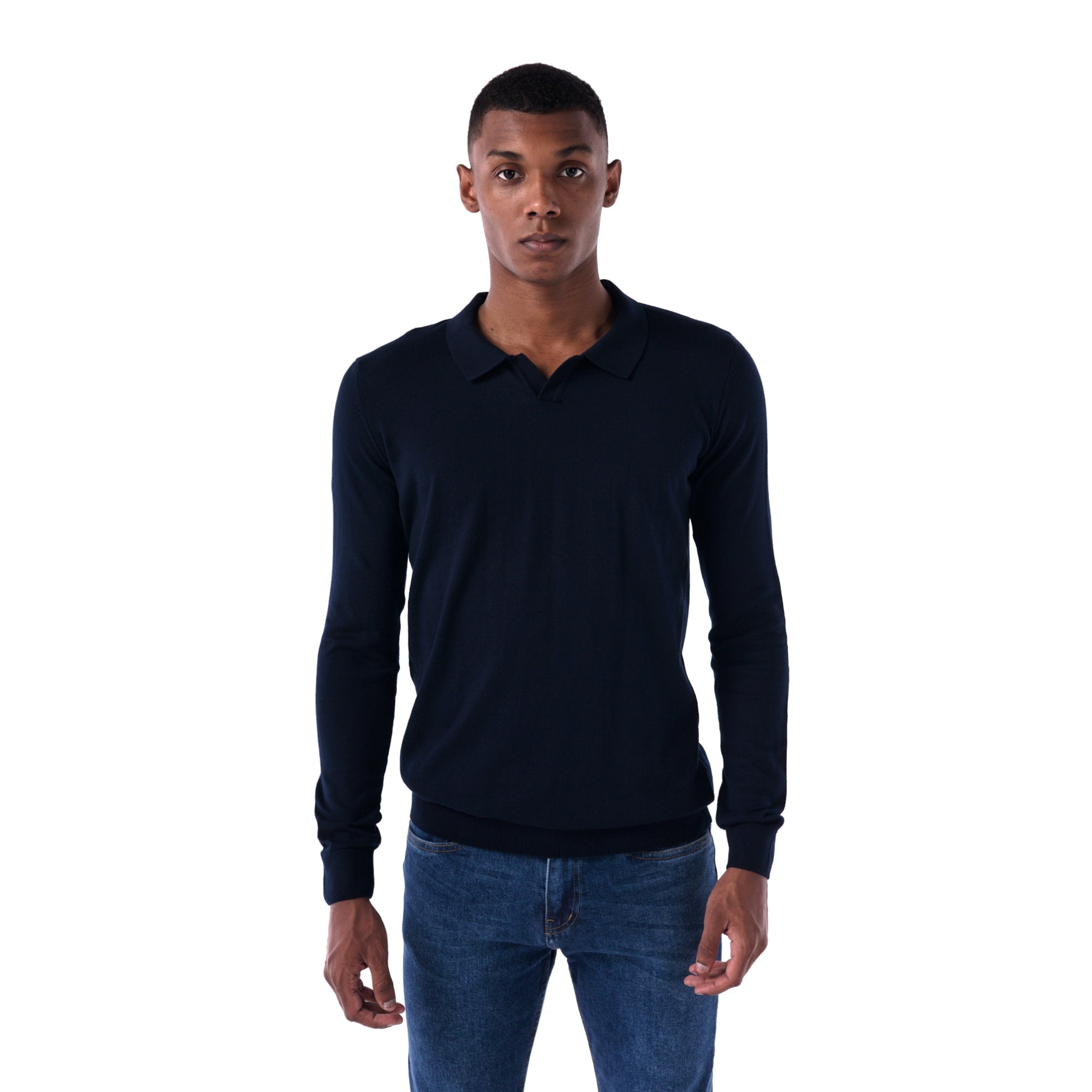 SOLID Knitted V-Neck Long-Sleeve Polo - navy - main
