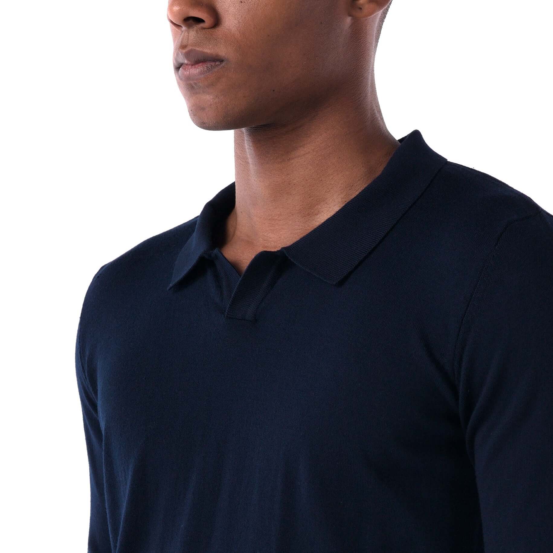 SOLID Knitted V-Neck Long-Sleeve Polo - Navy - Detail