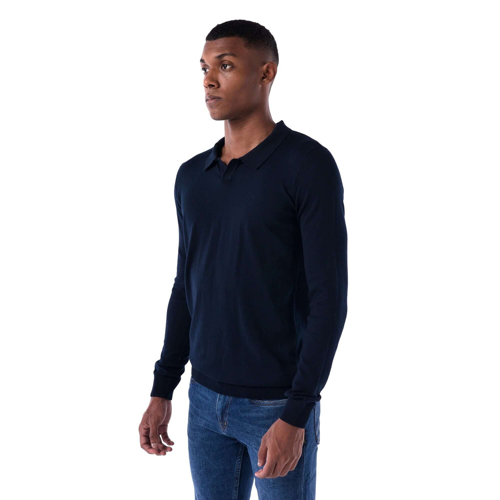 SOLID Knitted V-Neck Long-Sleeve Polo - navy - Side