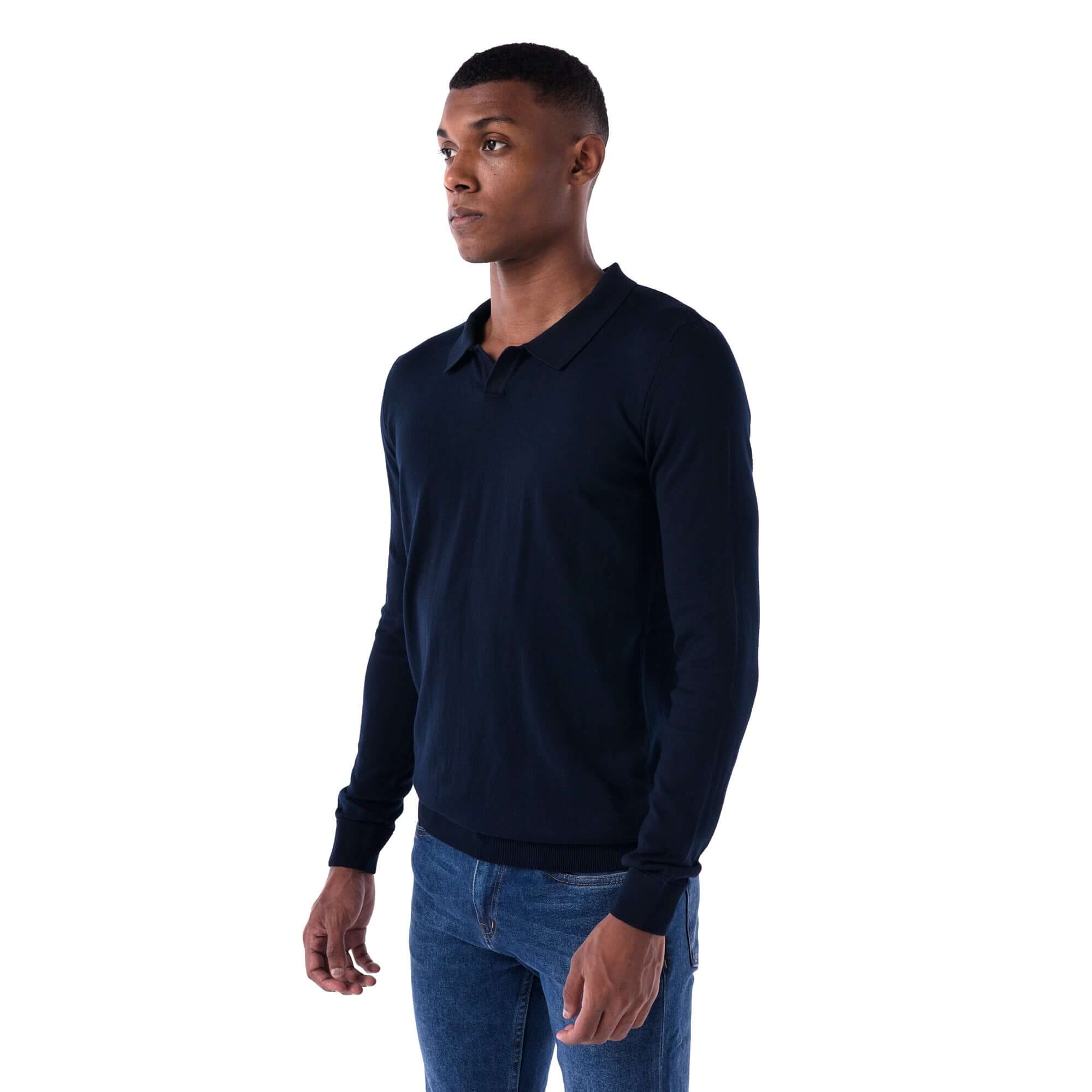 SOLID Knitted V-Neck Long-Sleeve Polo - navy - Side