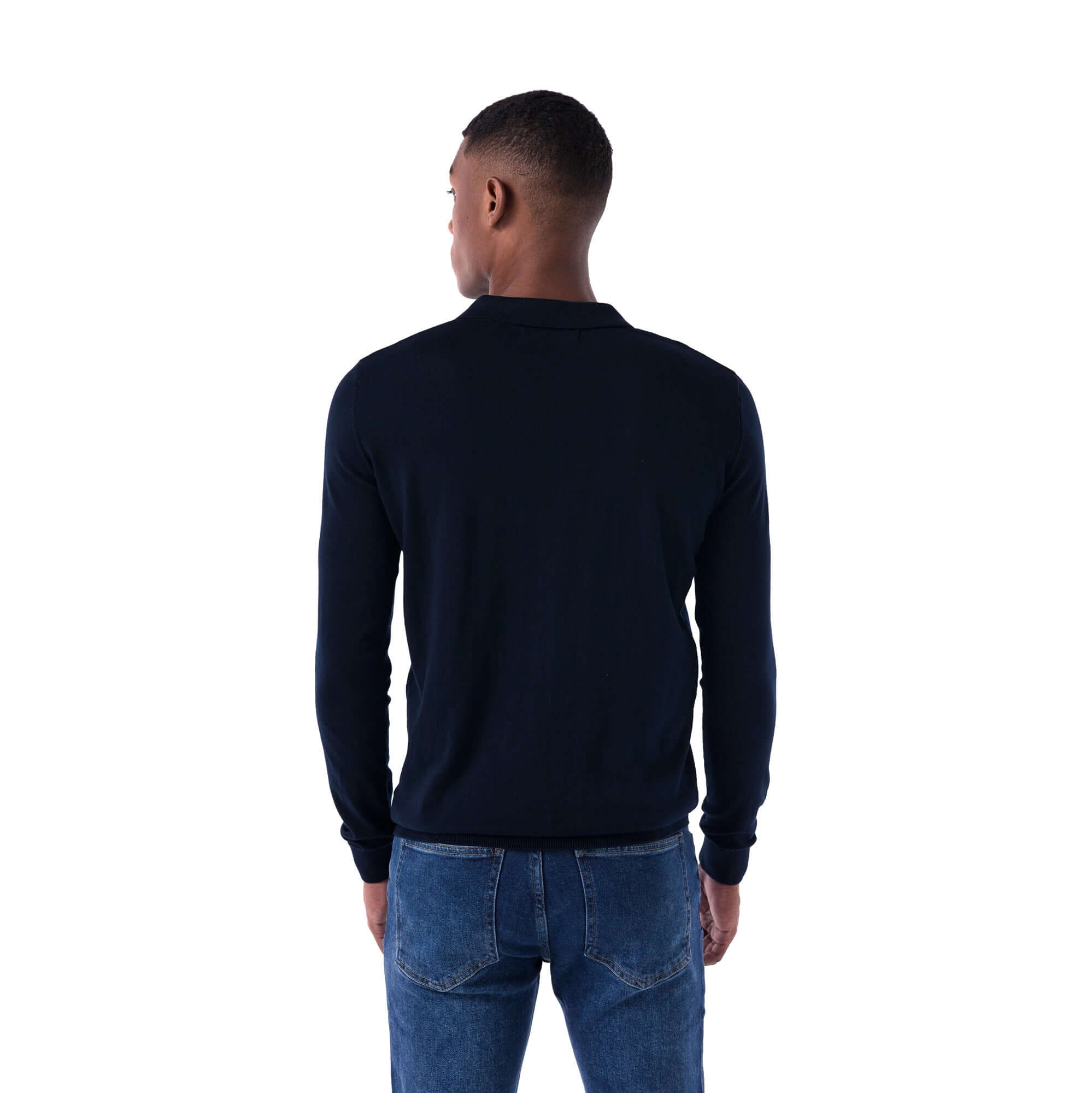 SOLID Knitted V-Neck Long-Sleeve Polo - Navy - Back