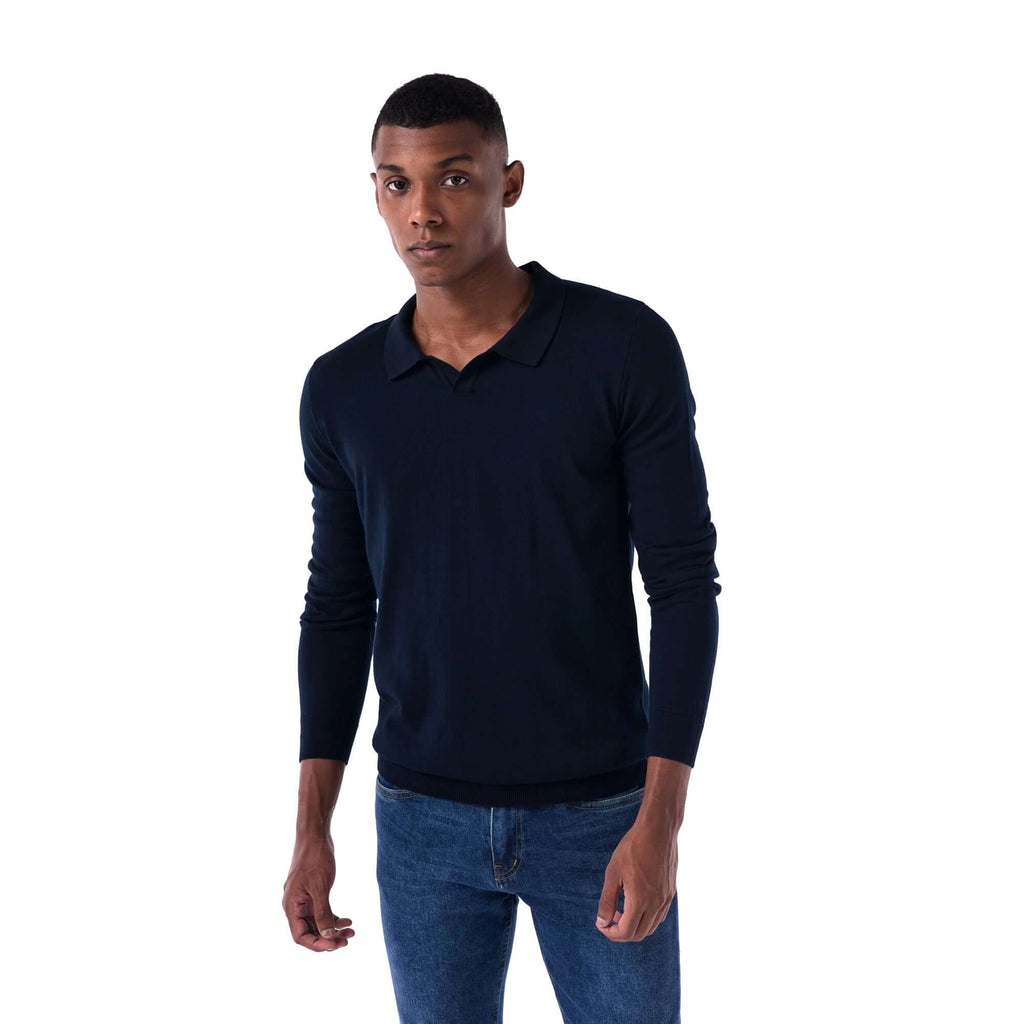 SOLID Knitted V-Neck Long-Sleeve Polo - Navy - style