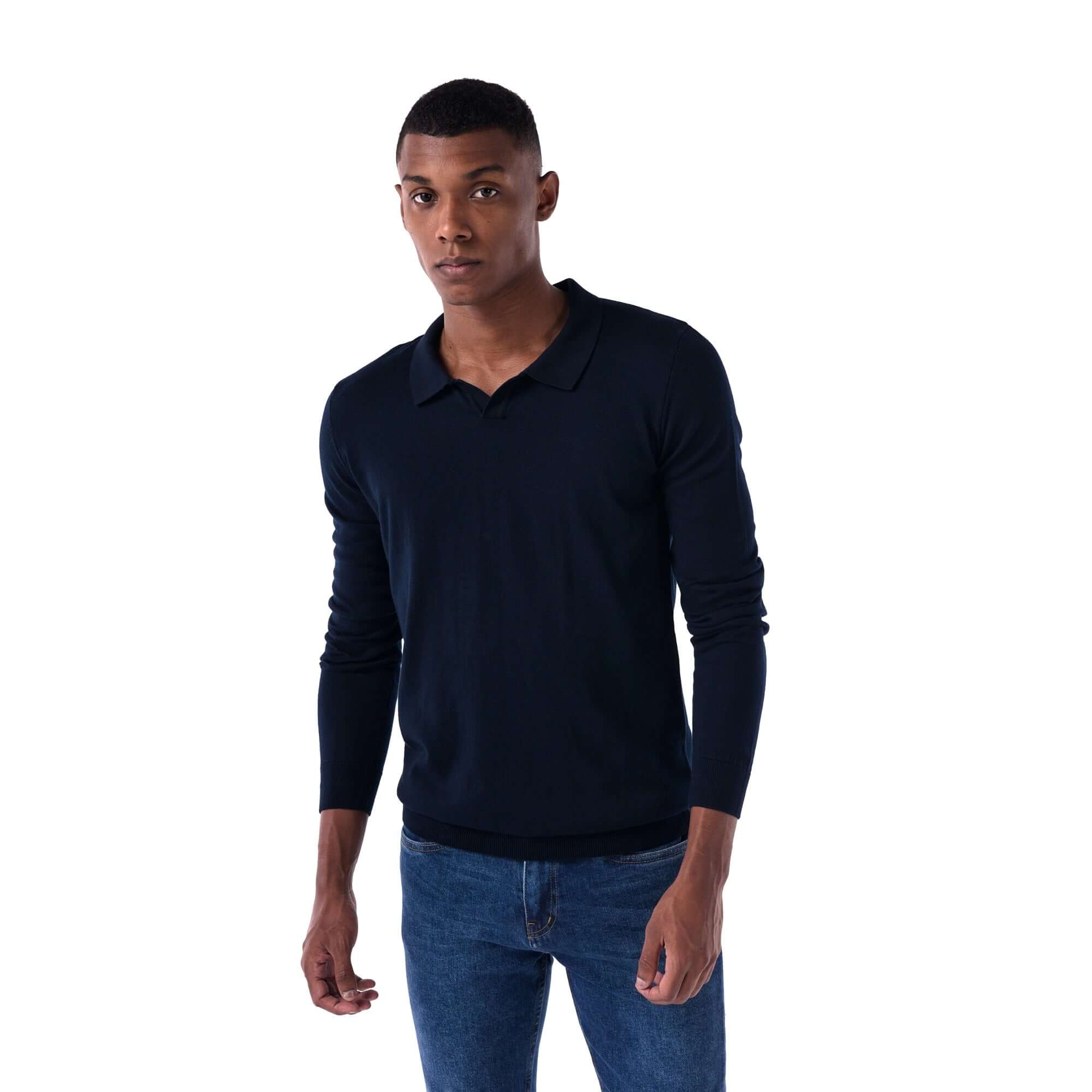 SOLID Knitted V-Neck Long-Sleeve Polo - Navy - style