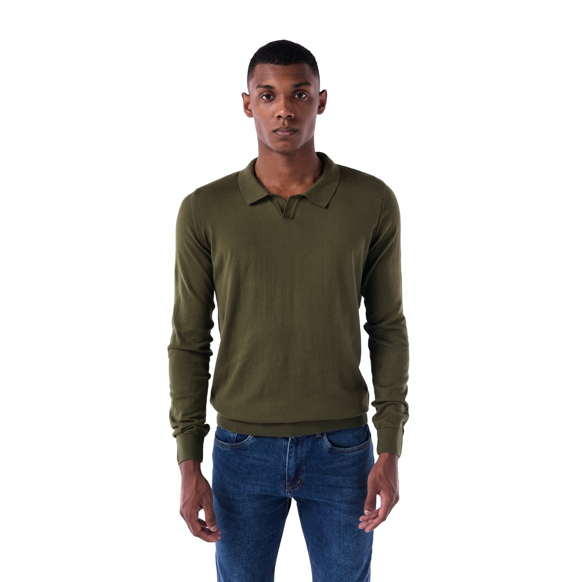 SOLID Knitted V-Neck Long-Sleeve Polo - olive-  front