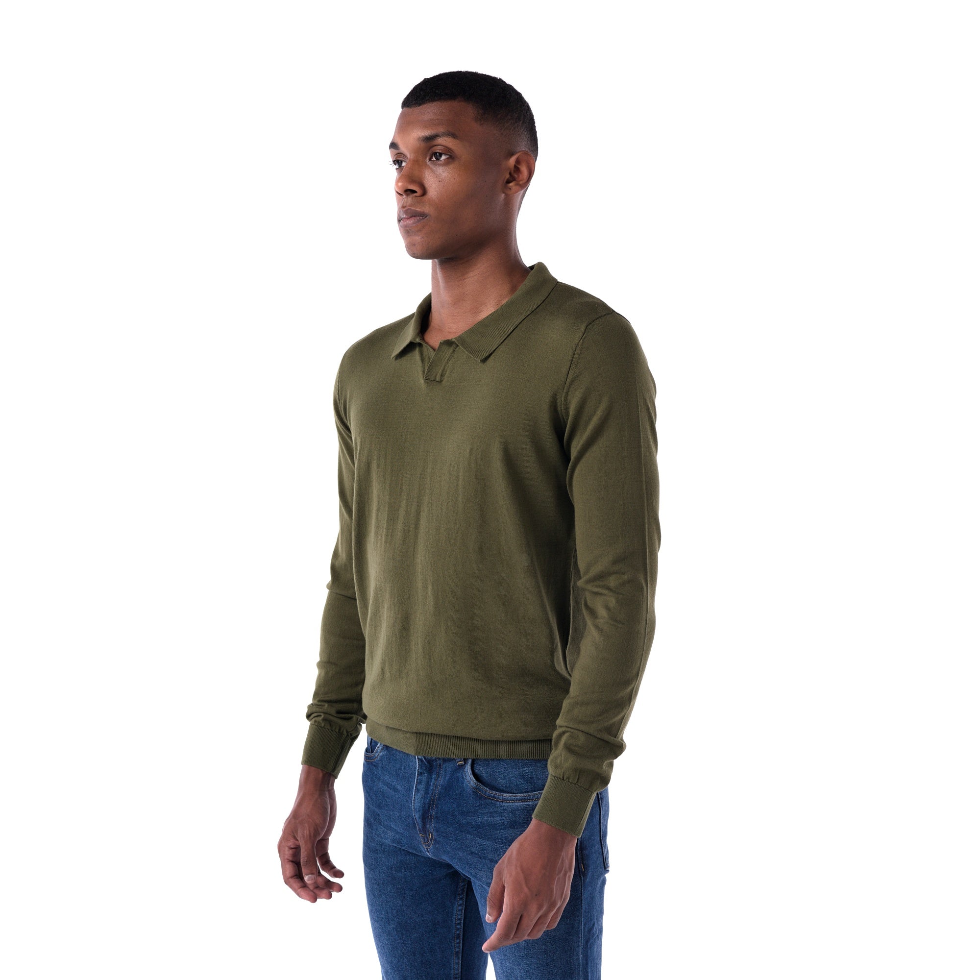 SOLID Knitted V-Neck Long-Sleeve Polo - olive- side