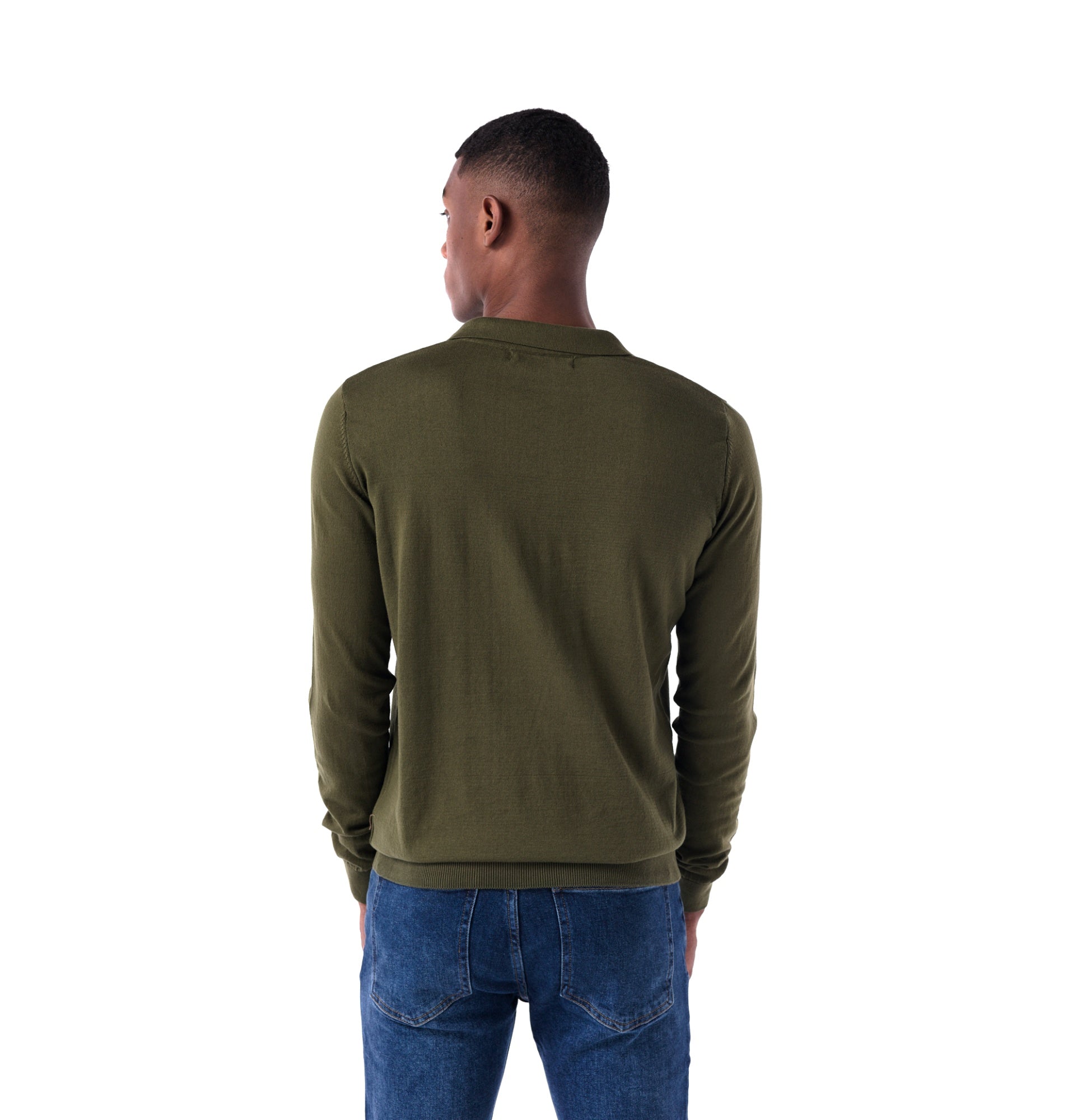 SOLID Knitted V-Neck Long-Sleeve Polo - olive - back