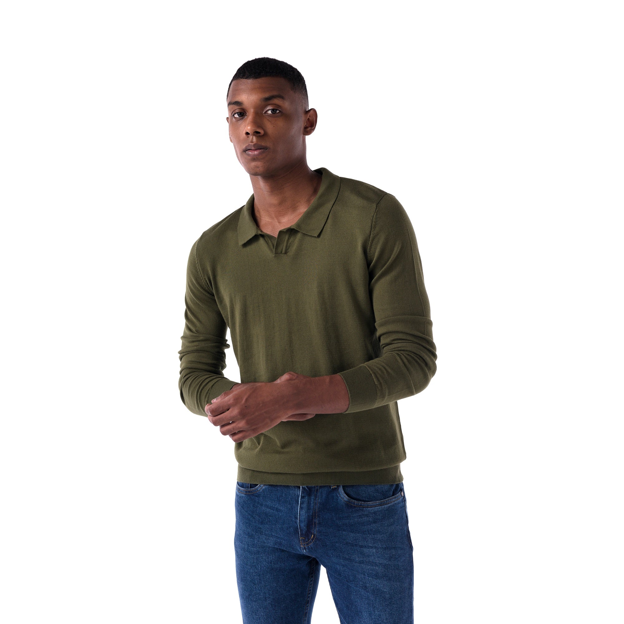 SOLID Knitted V-Neck Long-Sleeve Polo - olive - style