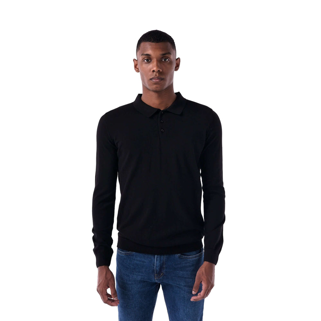 SOLID Knitted Long-Sleeve Polo - black - main
