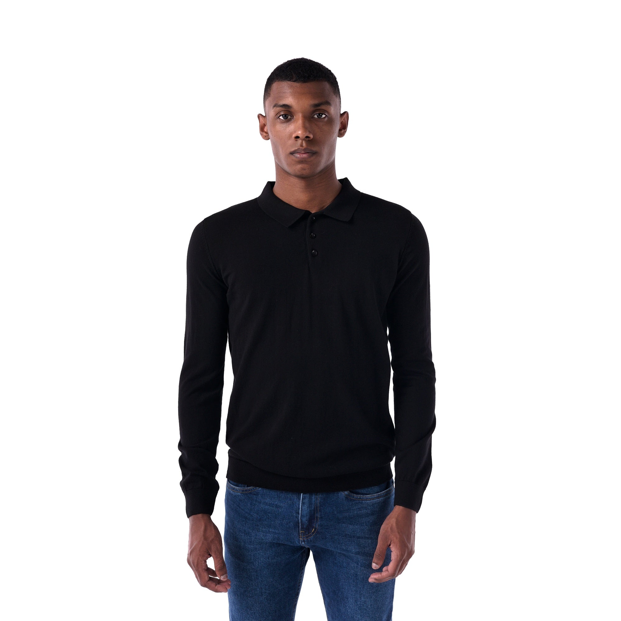 SOLID Knitted Long-Sleeve Polo - black - main