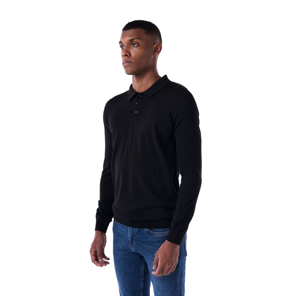 SOLID Knitted Long-Sleeve Polo - black - side