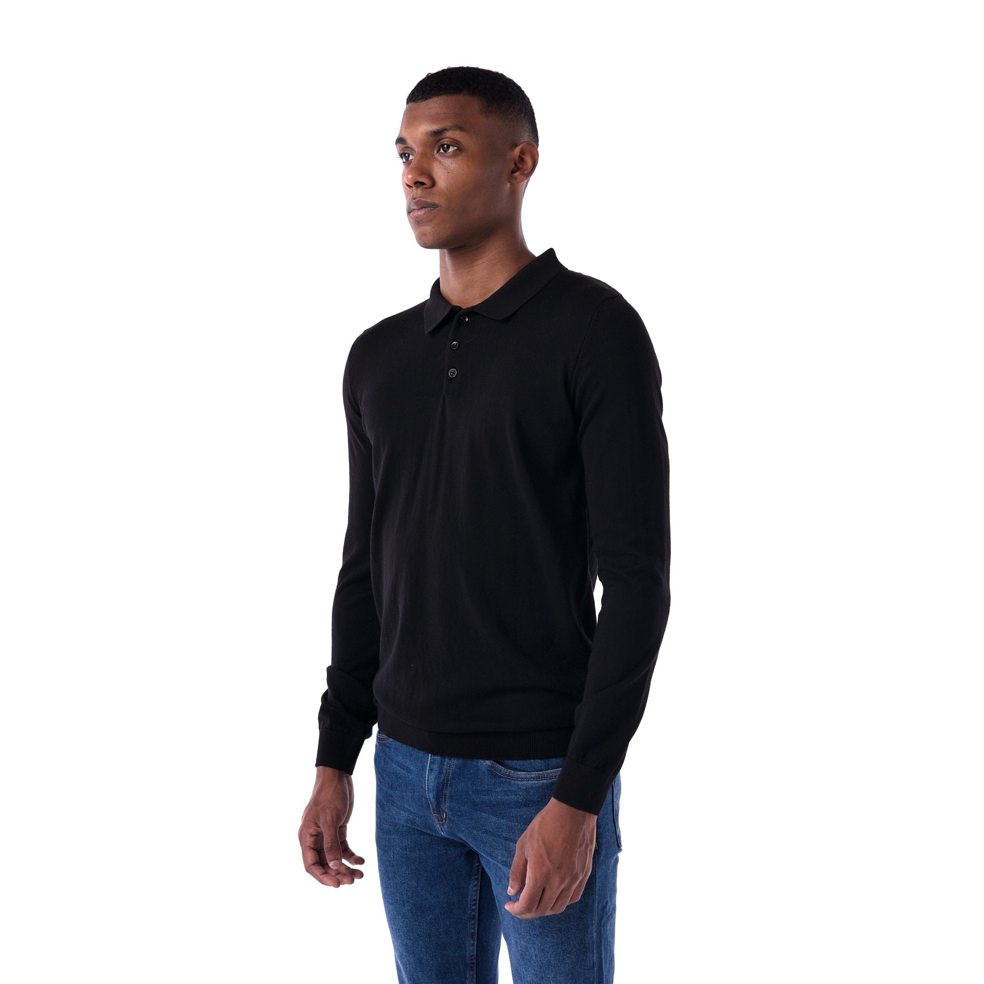 SOLID Knitted Long-Sleeve Polo - black - side