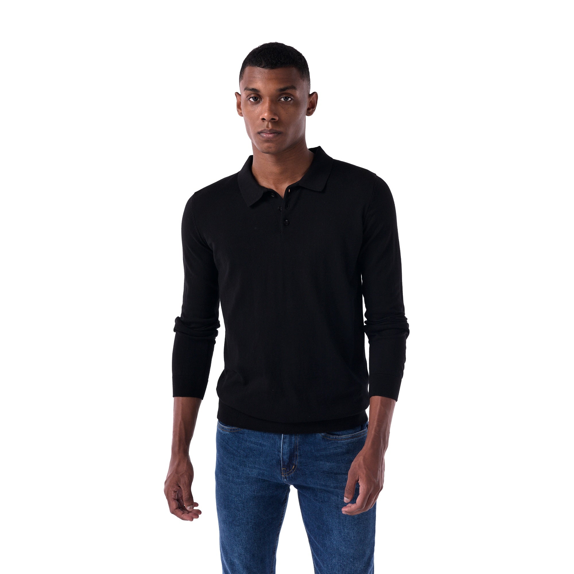 SOLID Knitted Long-Sleeve Polo - black - style