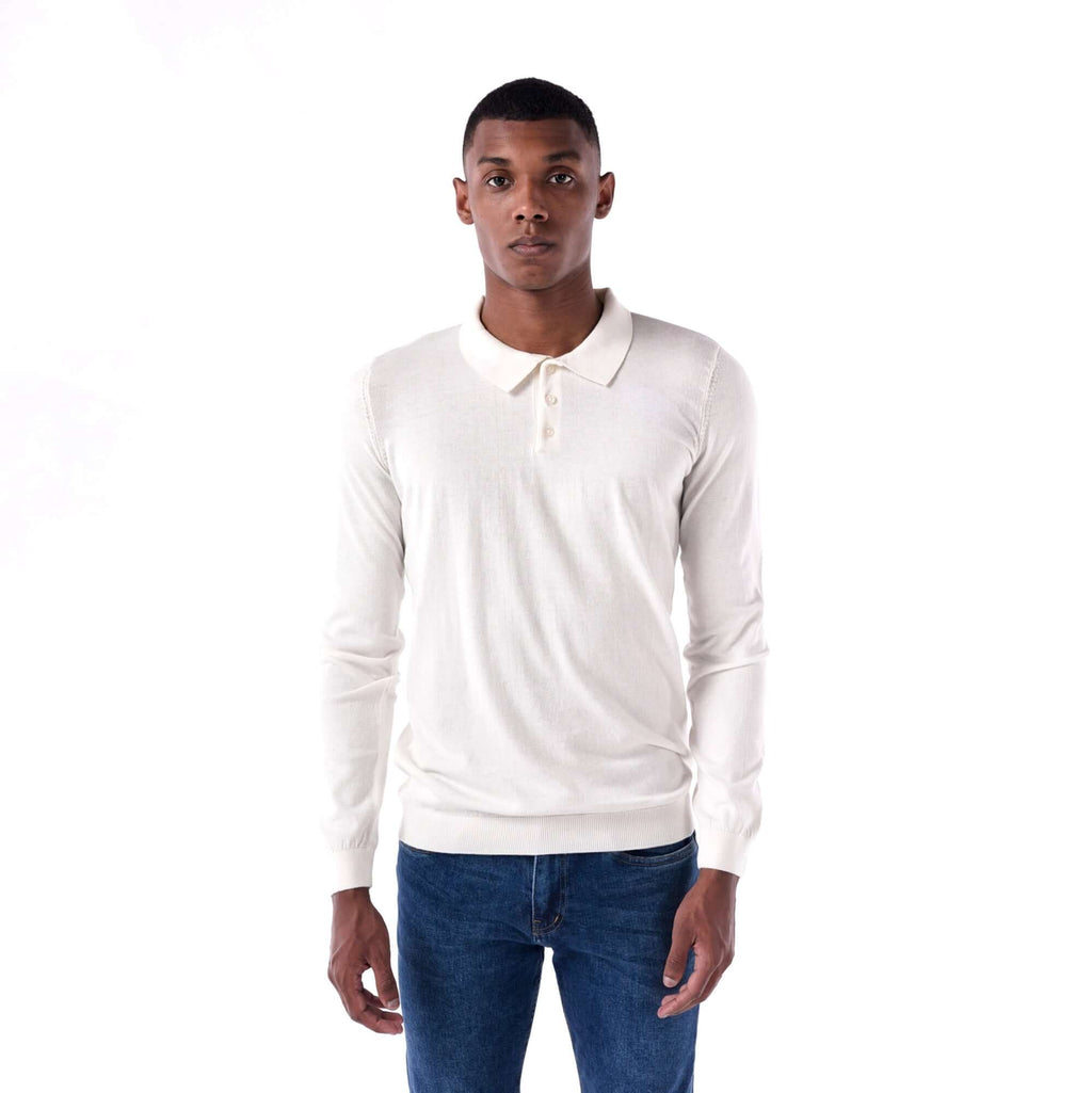 SOLID Knitted Long-Sleeve Polo - white - main