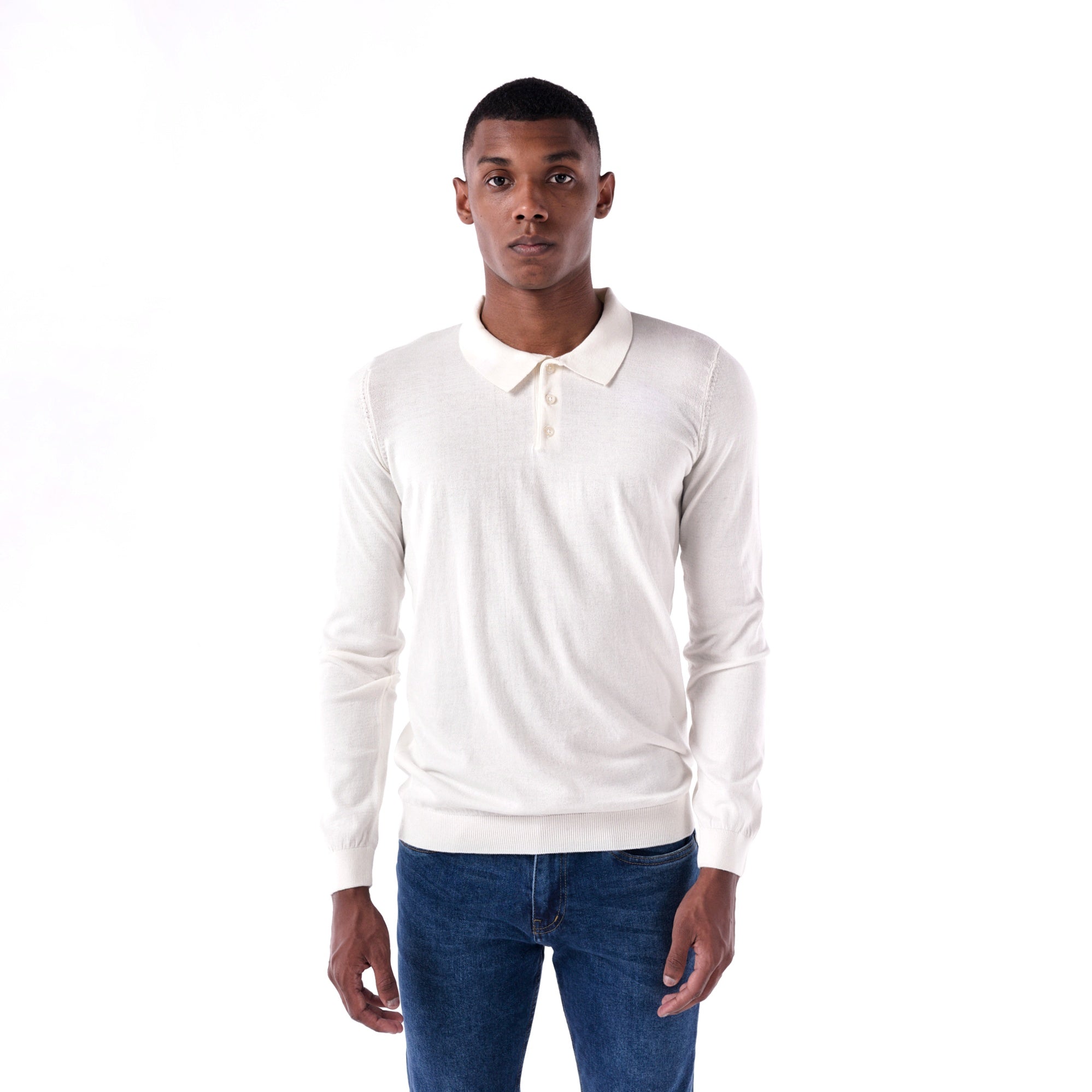 SOLID Knitted Long-Sleeve Polo - white - main