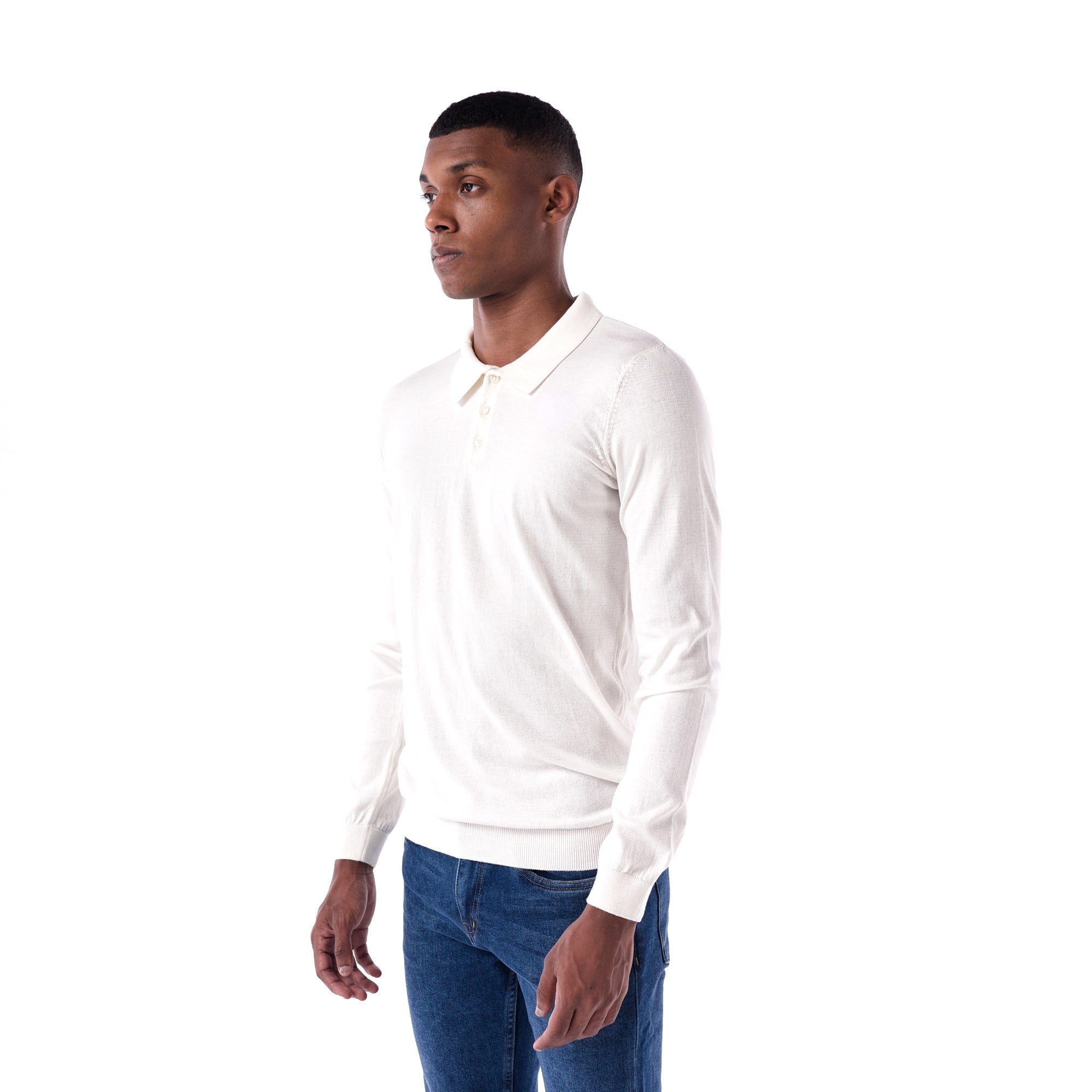SOLID Knitted Long-Sleeve Polo - white - side