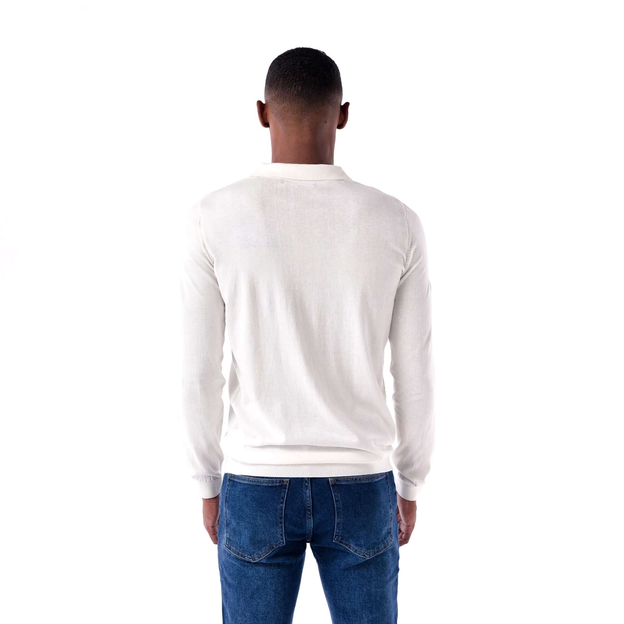 SOLID Knitted Long-Sleeve Polo - white - back