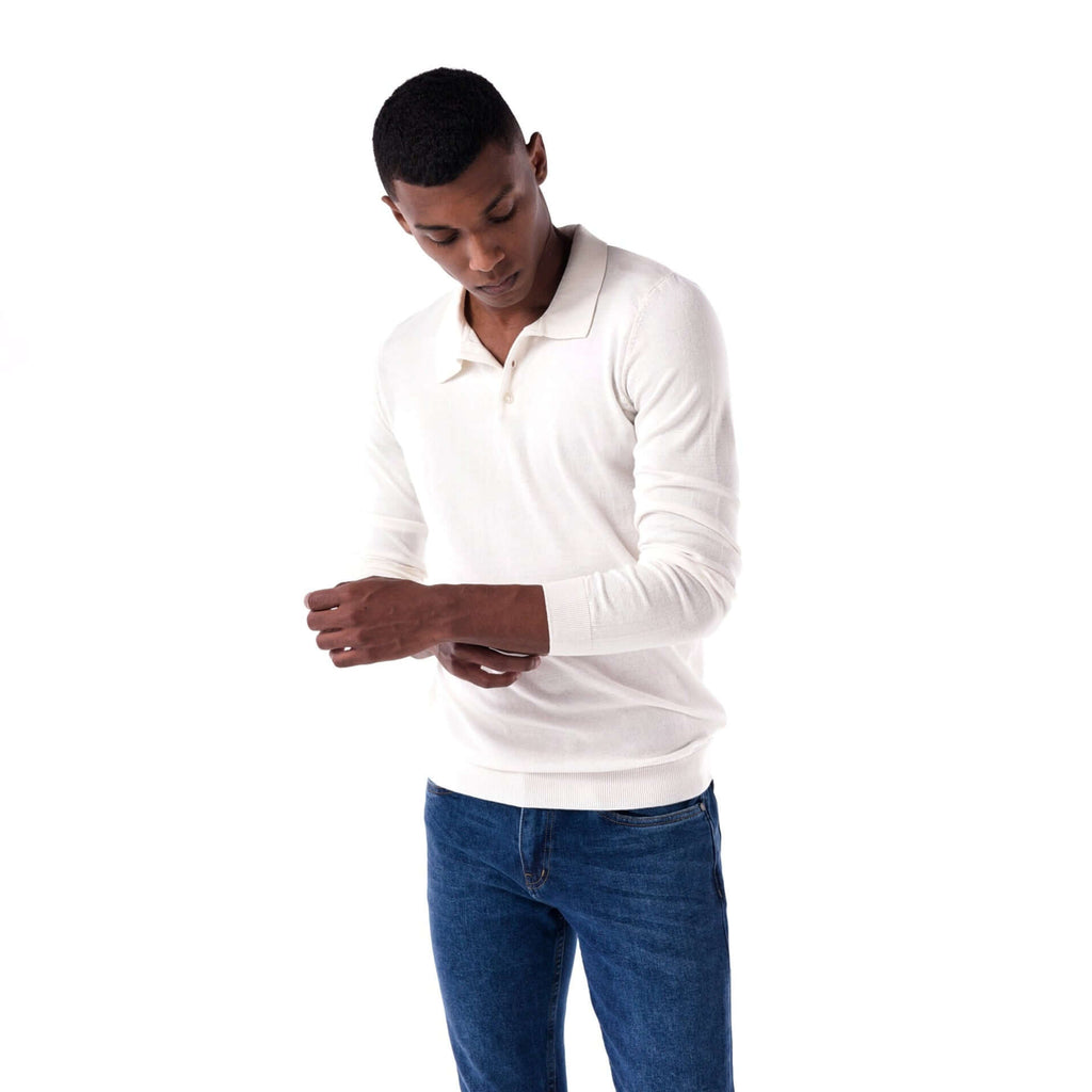 SOLID Knitted Long-Sleeve Polo - white - style