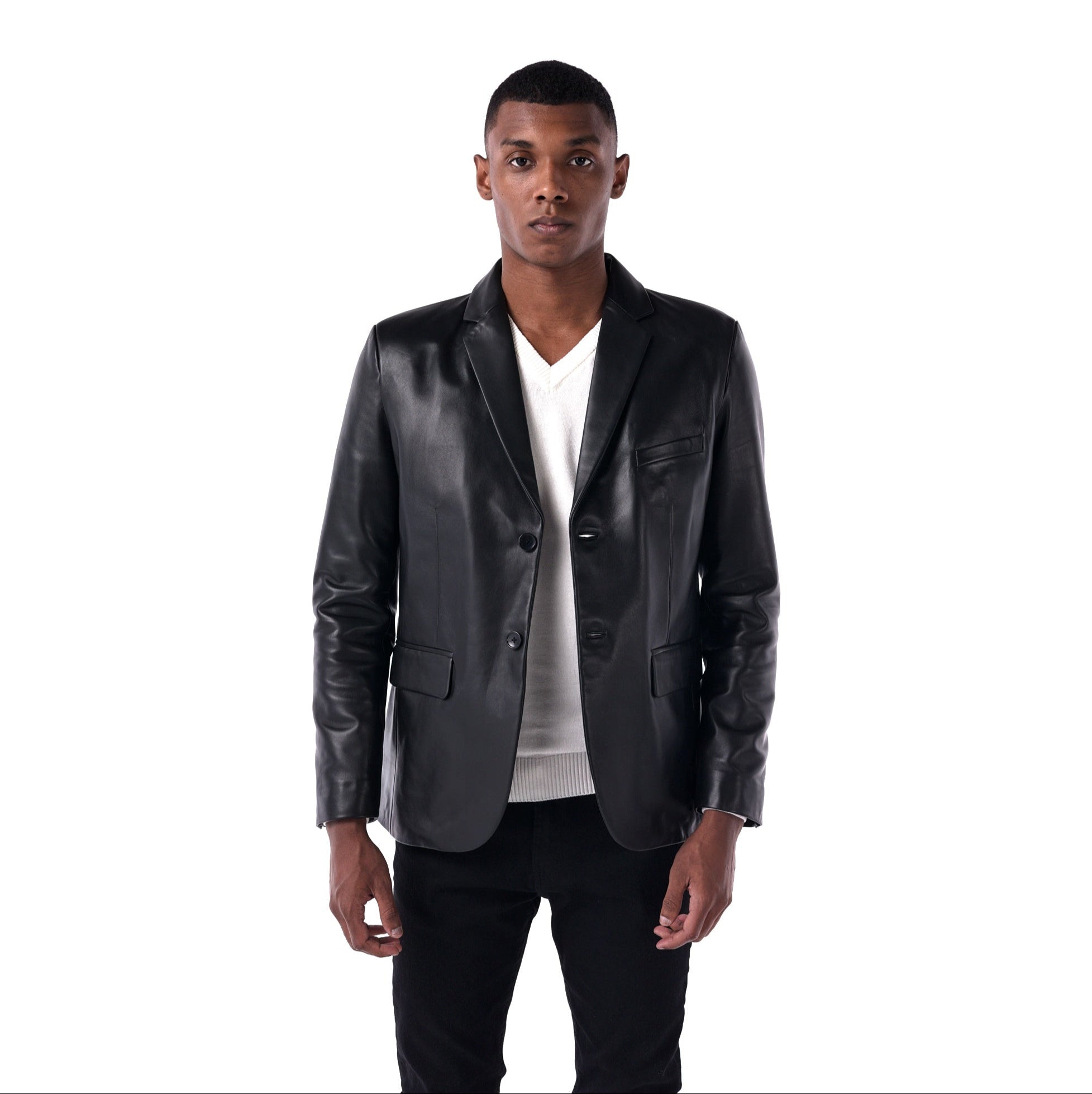 The Slim Leather Blazer - Lambskin Edition - Black - Open