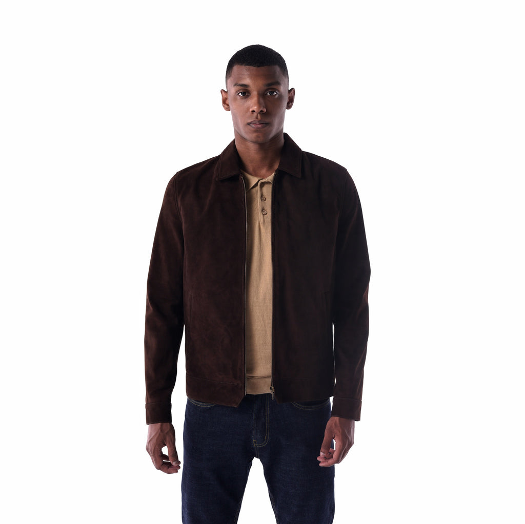 سترة بياقة بسيطة - إصدار جلد سويدي