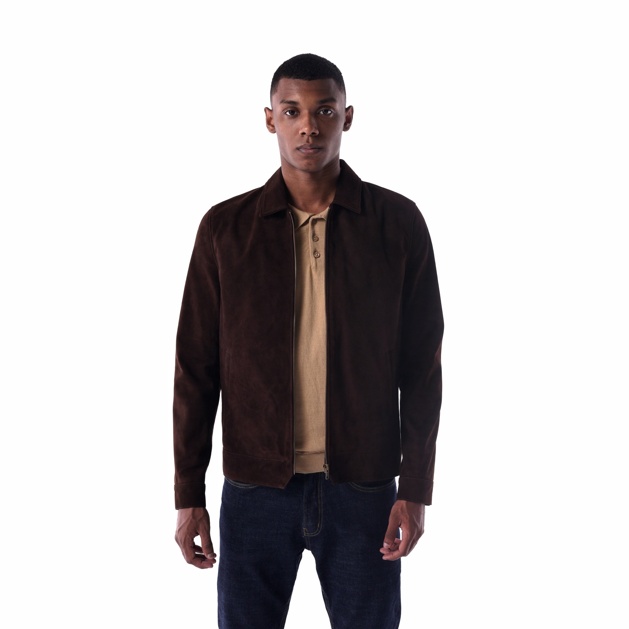 سترة بياقة بسيطة - إصدار جلد سويدي