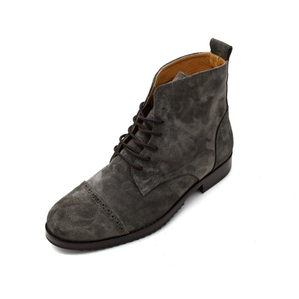 Gray suede ankle boot on a white background