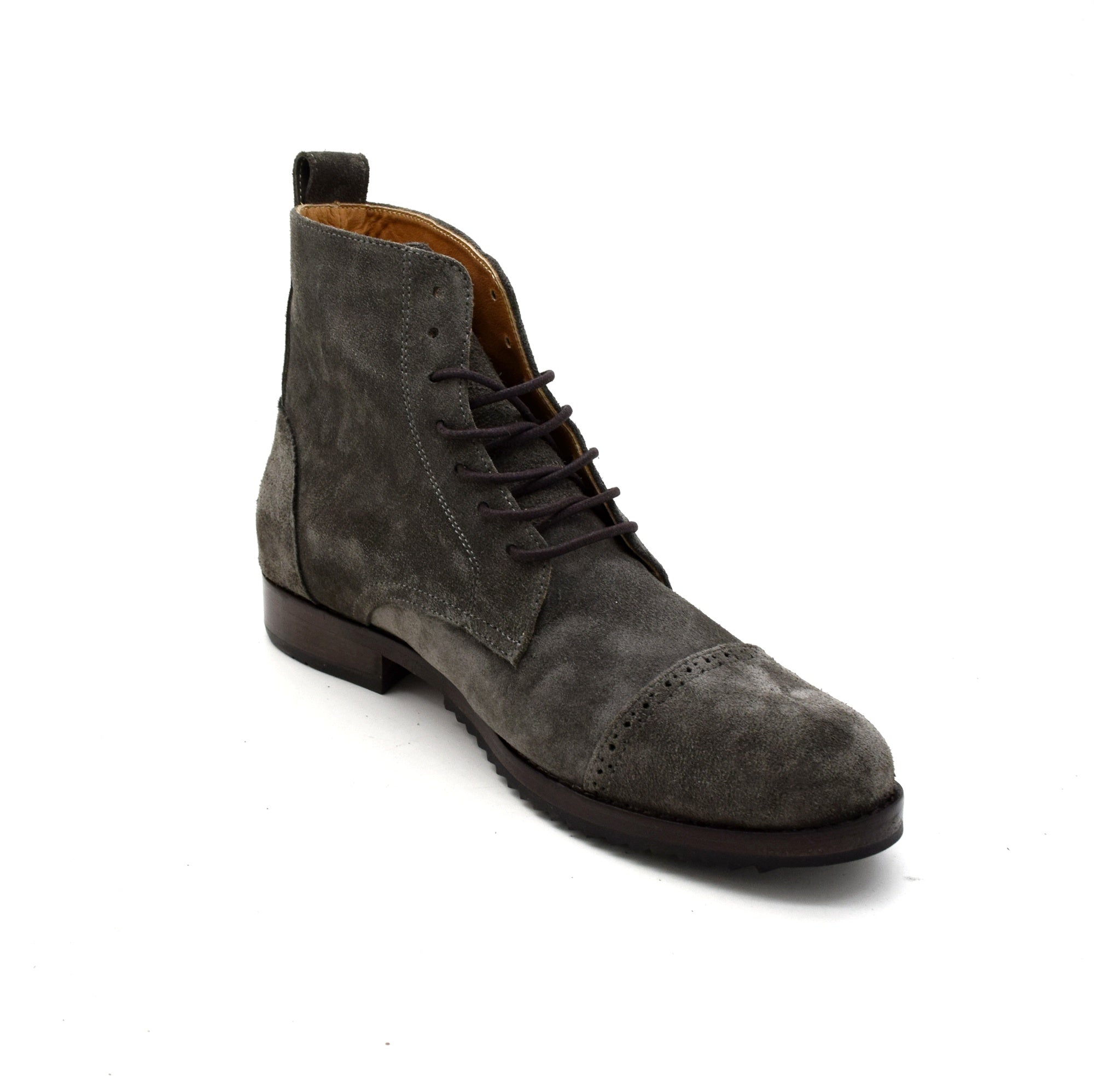 Gray suede boot on a white background