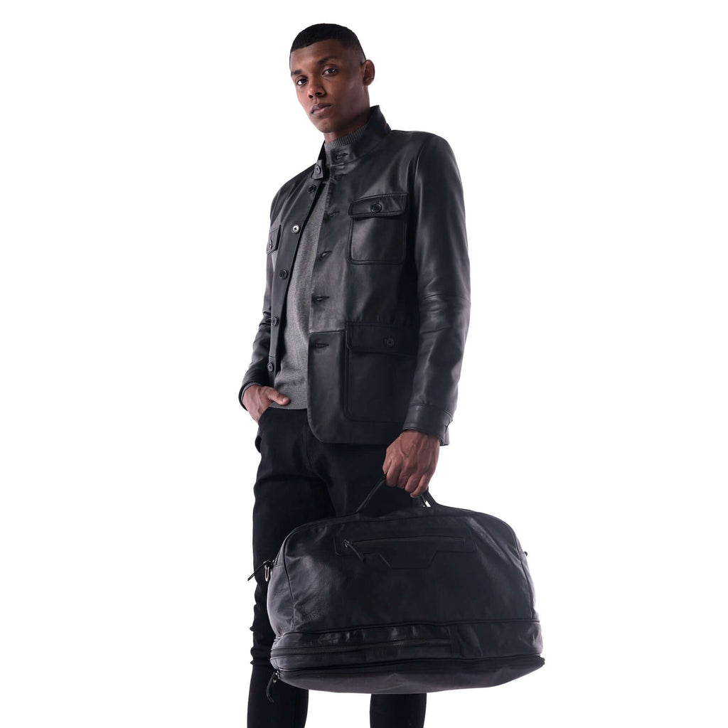 The Voyager - Modular Travel Leather Duffle Bag - black - worn