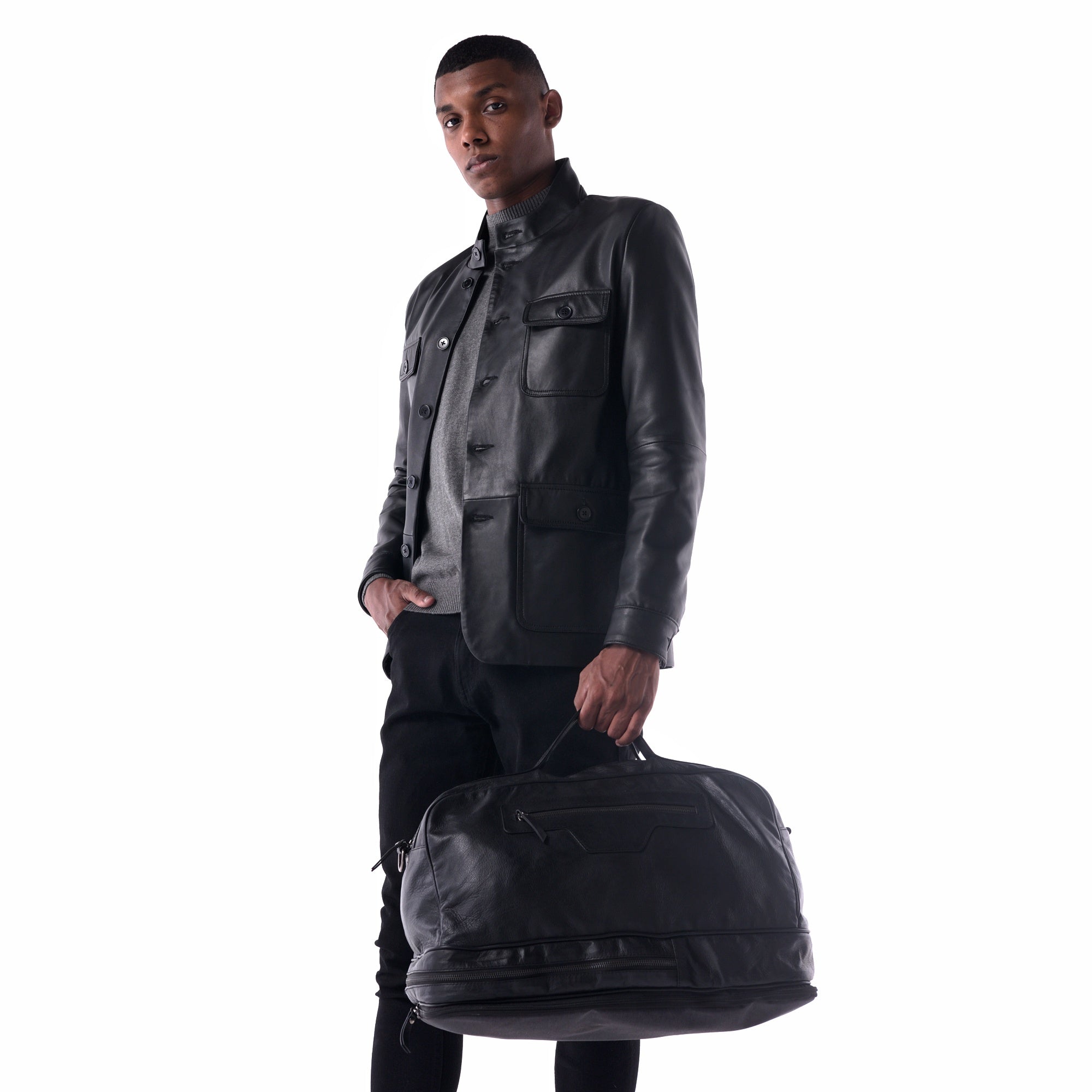 The Voyager - Modular Travel Leather Duffle Bag - black - worn