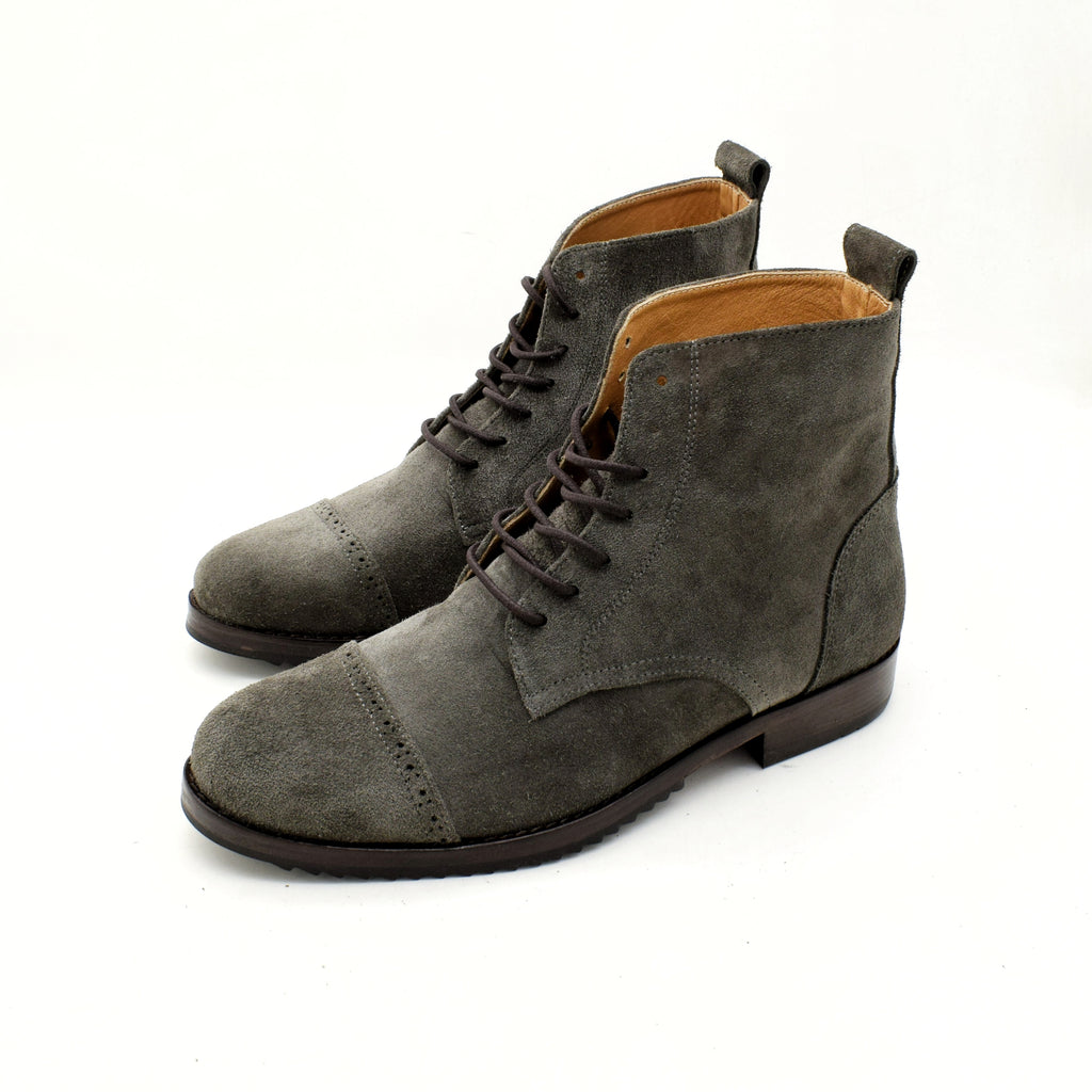 Cow Suede Perforated Cap-Toe Lace-Up Boot
