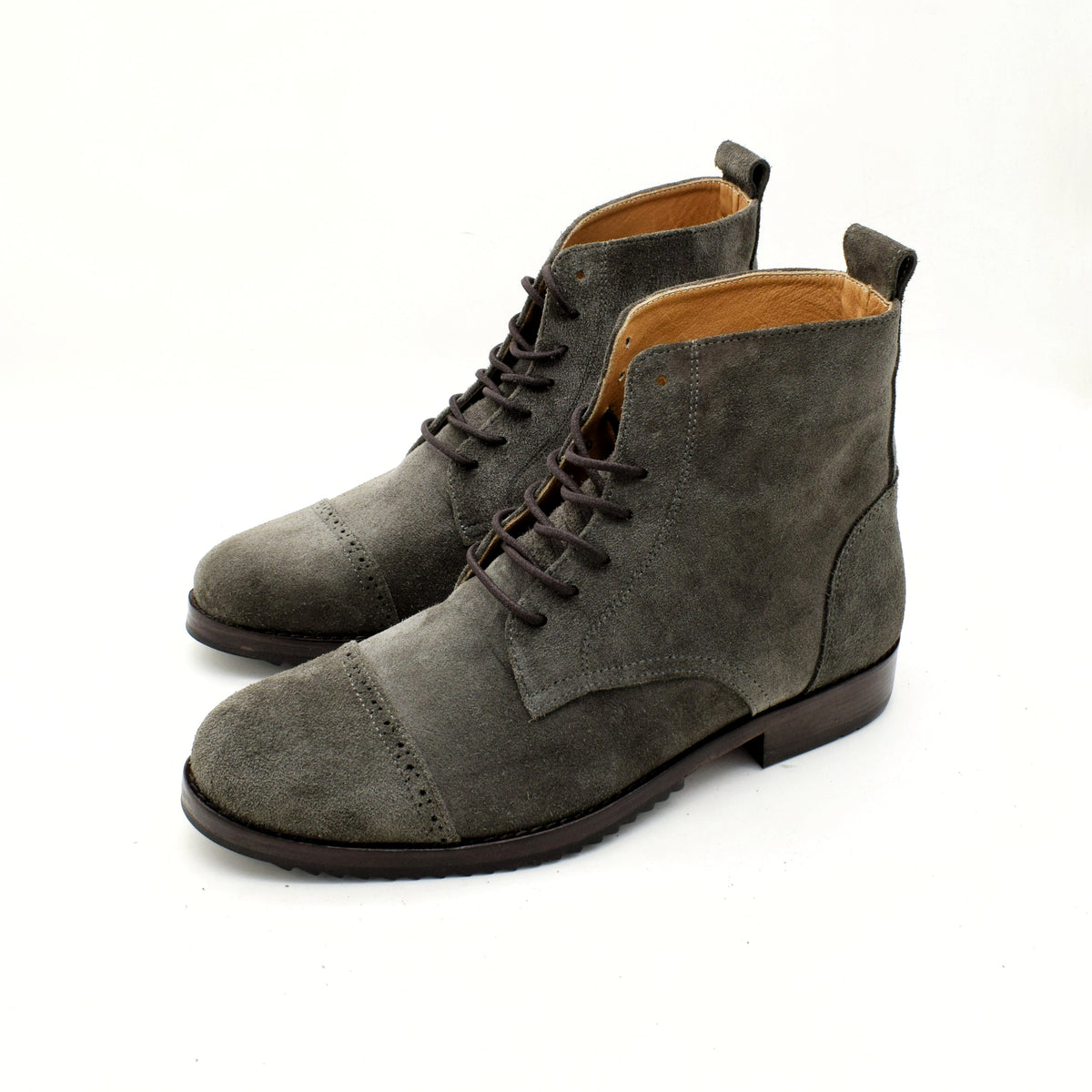 Cow Suede Perforated Cap-Toe Lace-Up Boot
