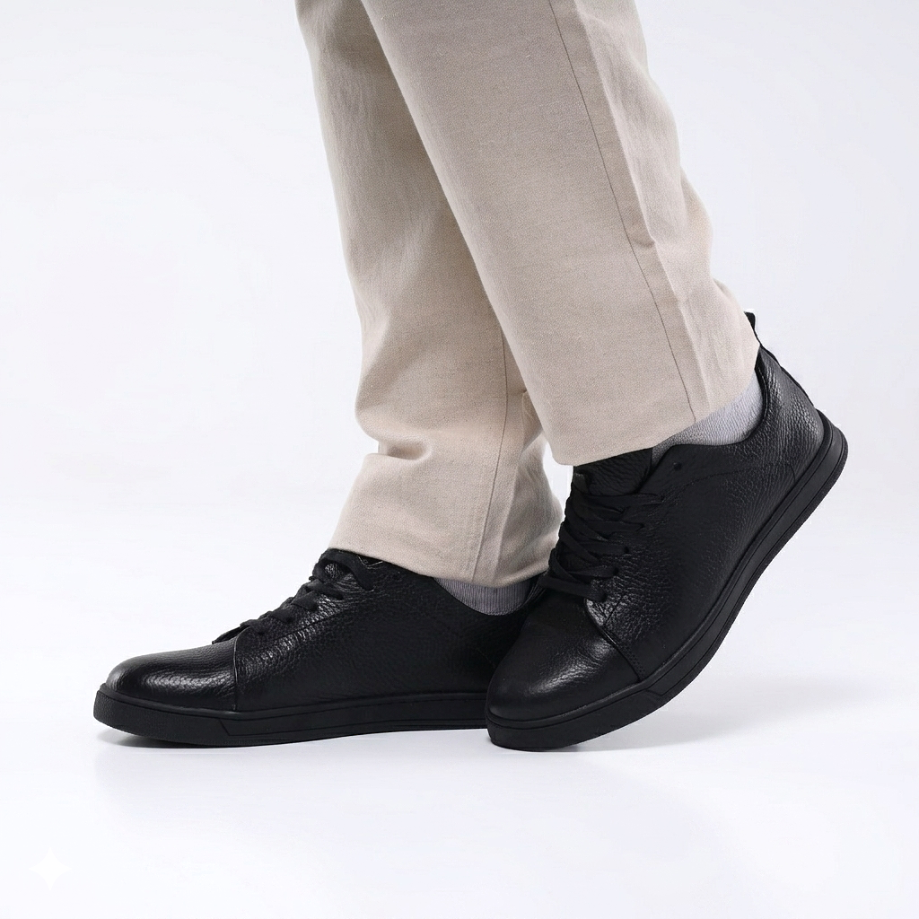 Black leather shoes worn with beige pants on a white background