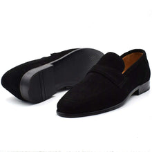 Load image into Gallery viewer, Black calf suede strap loafers showcasing handcrafted elegance and modern style.

