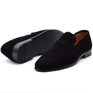 Black calf suede strap loafers showcasing handcrafted elegance and modern style.