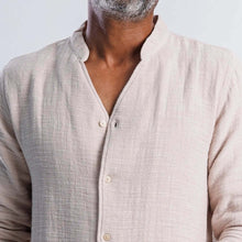 Load image into Gallery viewer, Collarless linen-blend summer shirt in light beige, featuring a relaxed fit and button details for versatile styling.
