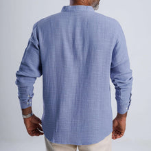 Load image into Gallery viewer, Back view of a collarless linen blend summer shirt in blue, showcasing casual style and modern design.
